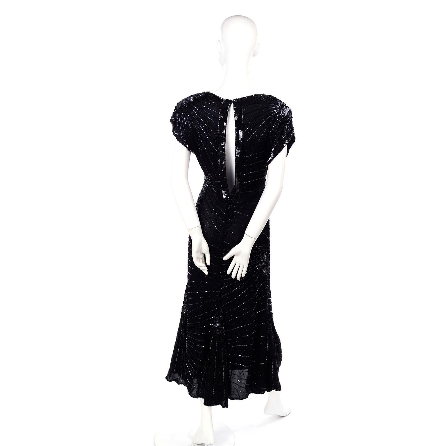 Art Deco Style 1980s Heavily Beaded Vintage Black Silk Evening Dress In Good Condition In Portland, OR
