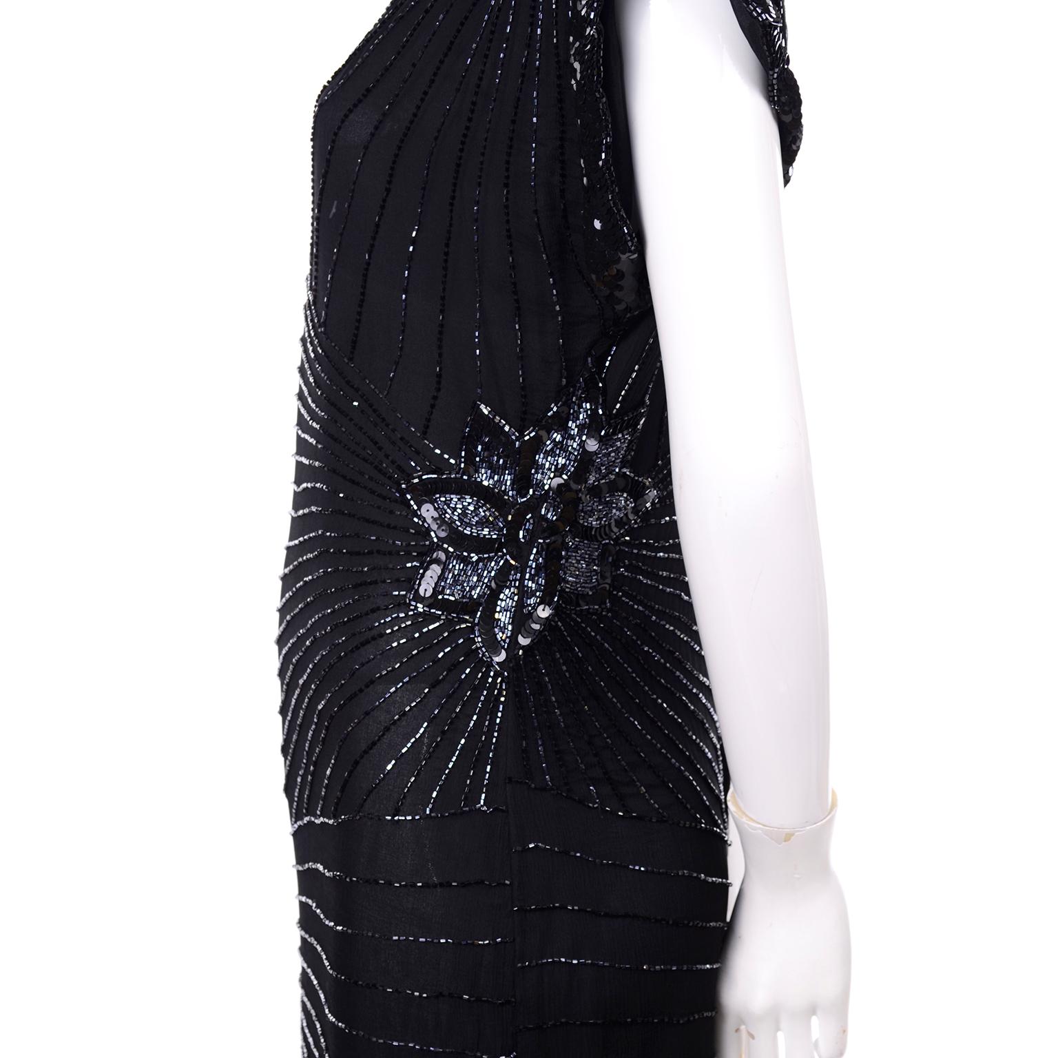 Women's Art Deco Style 1980s Heavily Beaded Vintage Black Silk Evening Dress