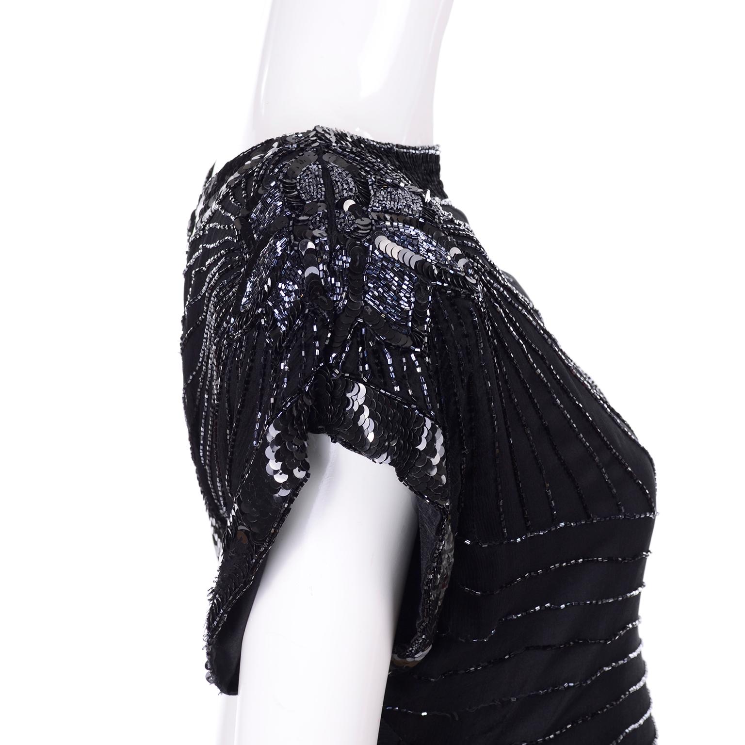 Art Deco Style 1980s Heavily Beaded Vintage Black Silk Evening Dress 1