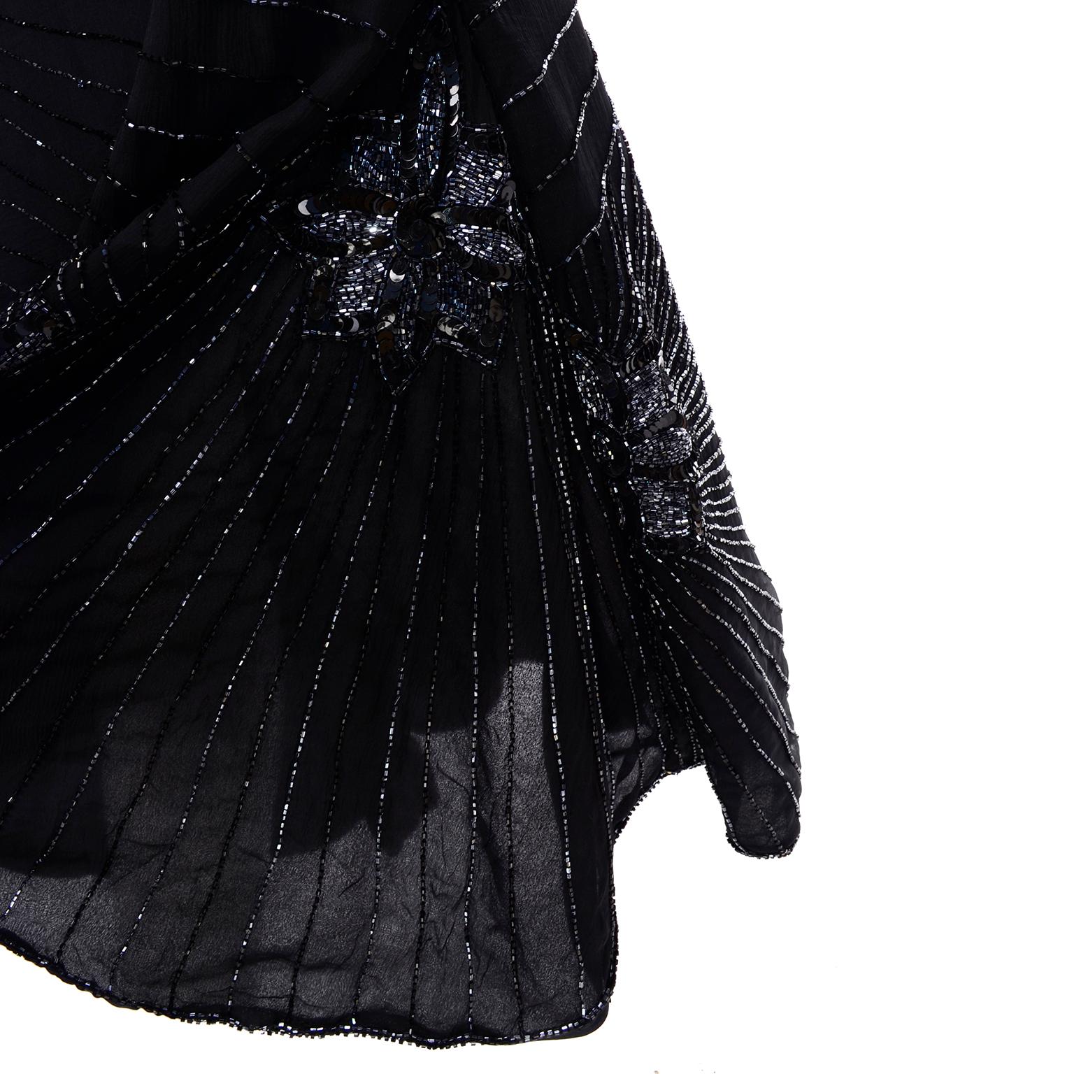 Art Deco Style 1980s Heavily Beaded Vintage Black Silk Evening Dress 2