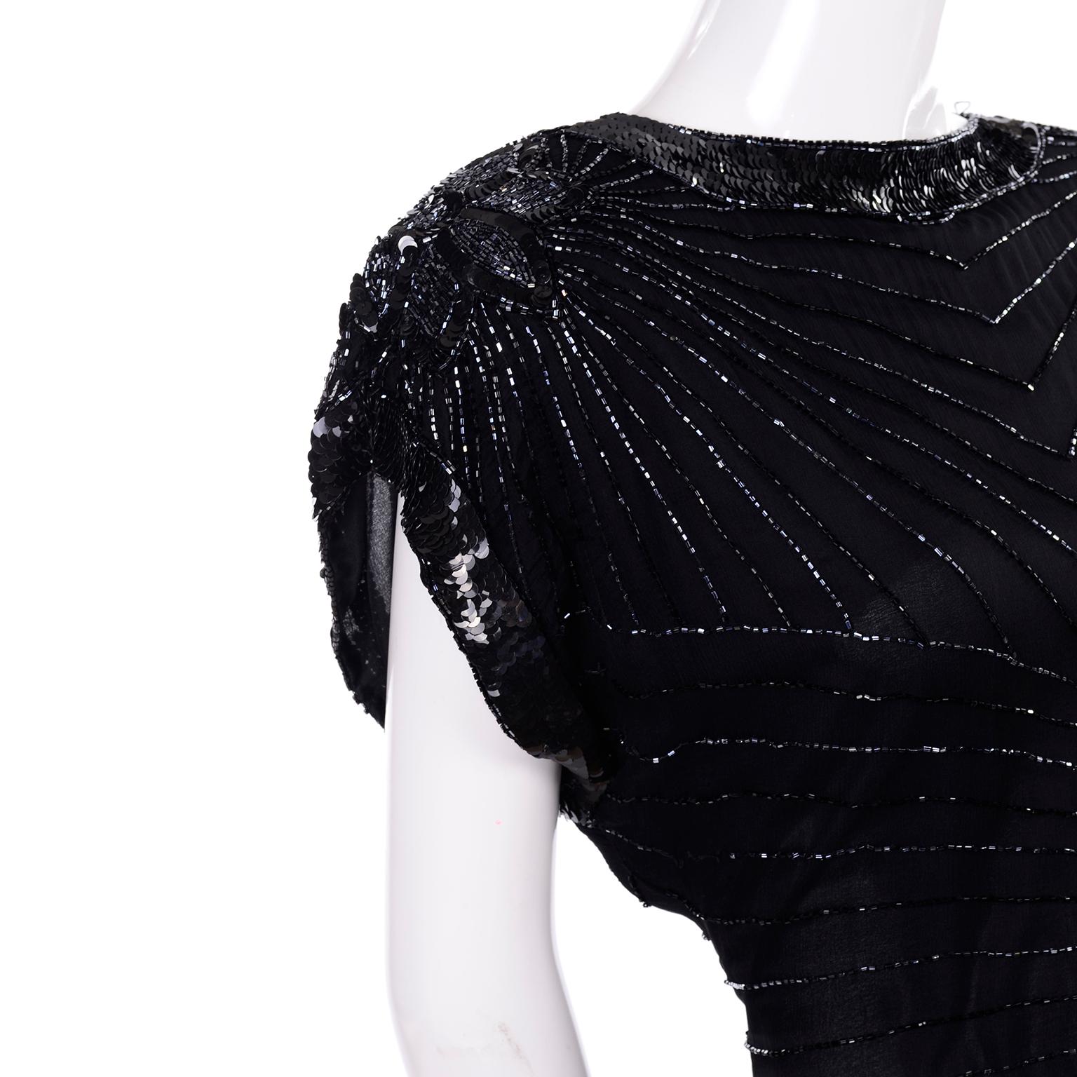 Art Deco Style 1980s Heavily Beaded Vintage Black Silk Evening Dress 3