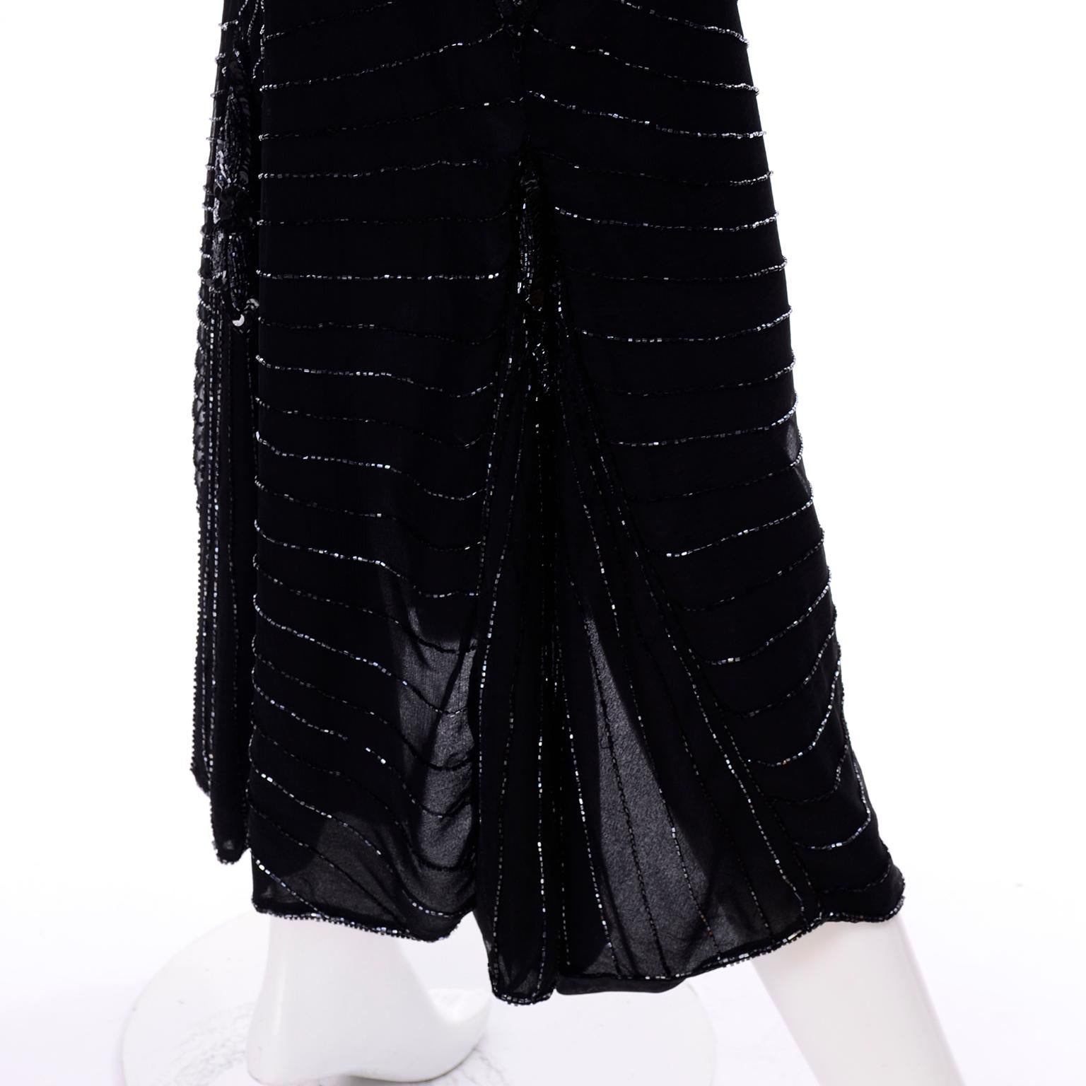 Art Deco Style 1980s Heavily Beaded Vintage Black Silk Evening Dress 4