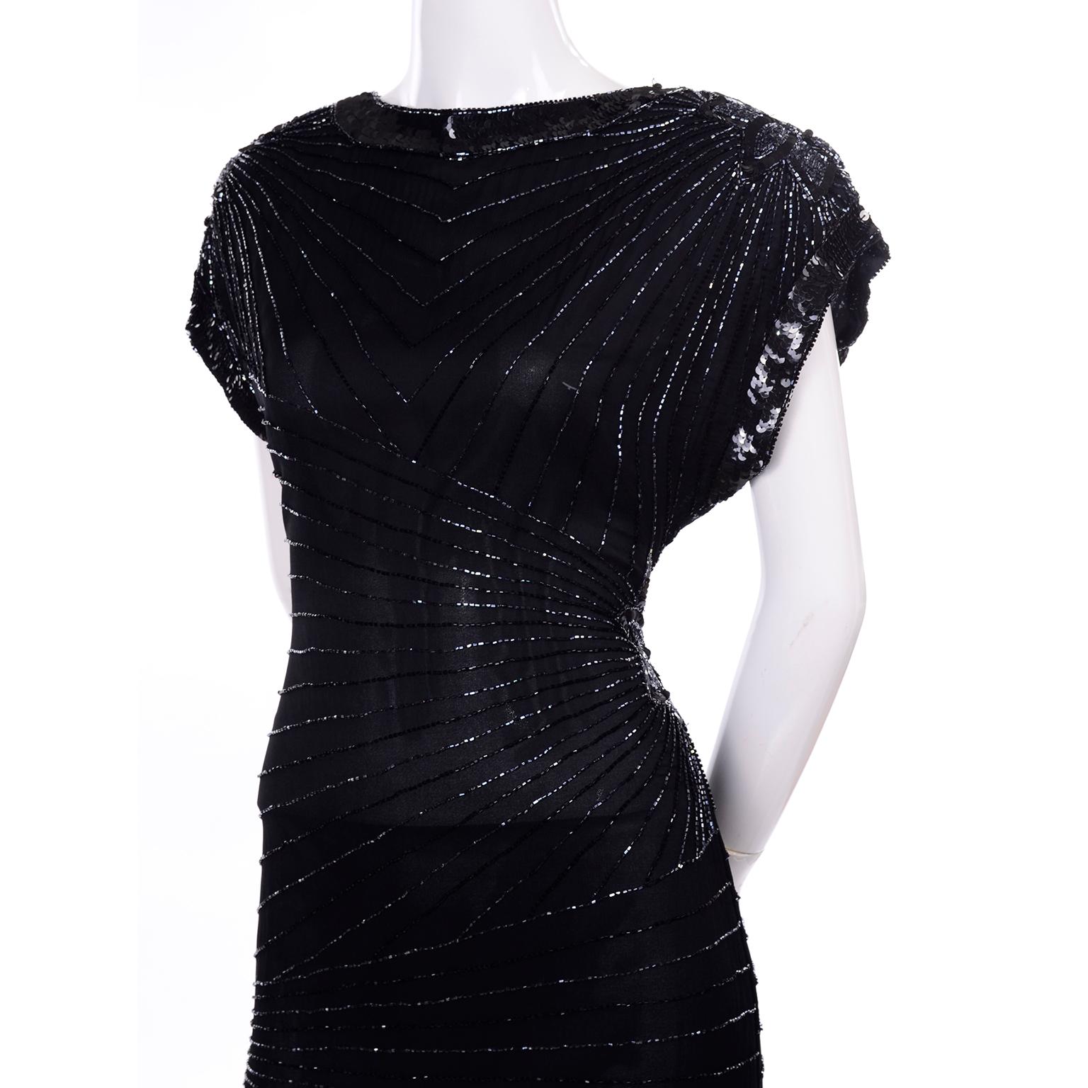 Art Deco Style 1980s Heavily Beaded Vintage Black Silk Evening Dress 5