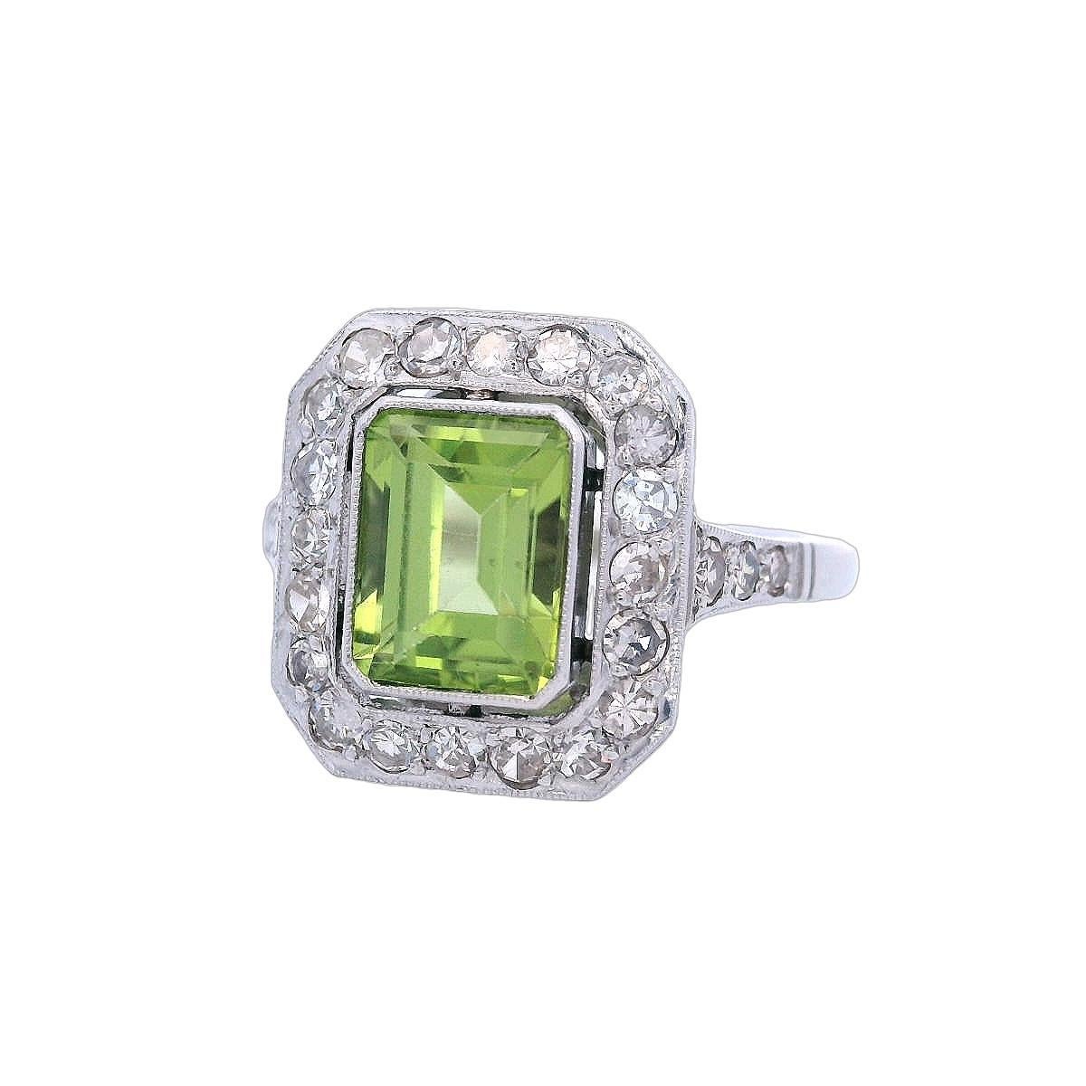 Emerald Cut Art Deco style 1990 Platinum Cocktail Ring with Peridot and Diamonds For Sale