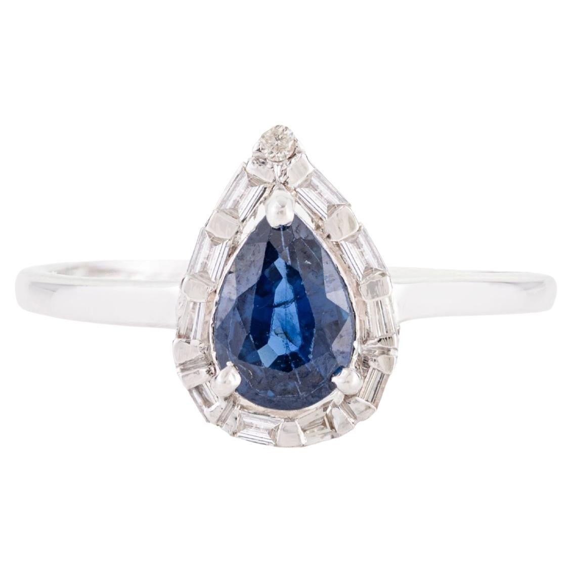 Art Deco Style 1ct Pear Shape Blue Sapphire Diamond Halo Ring in 14K White Gold