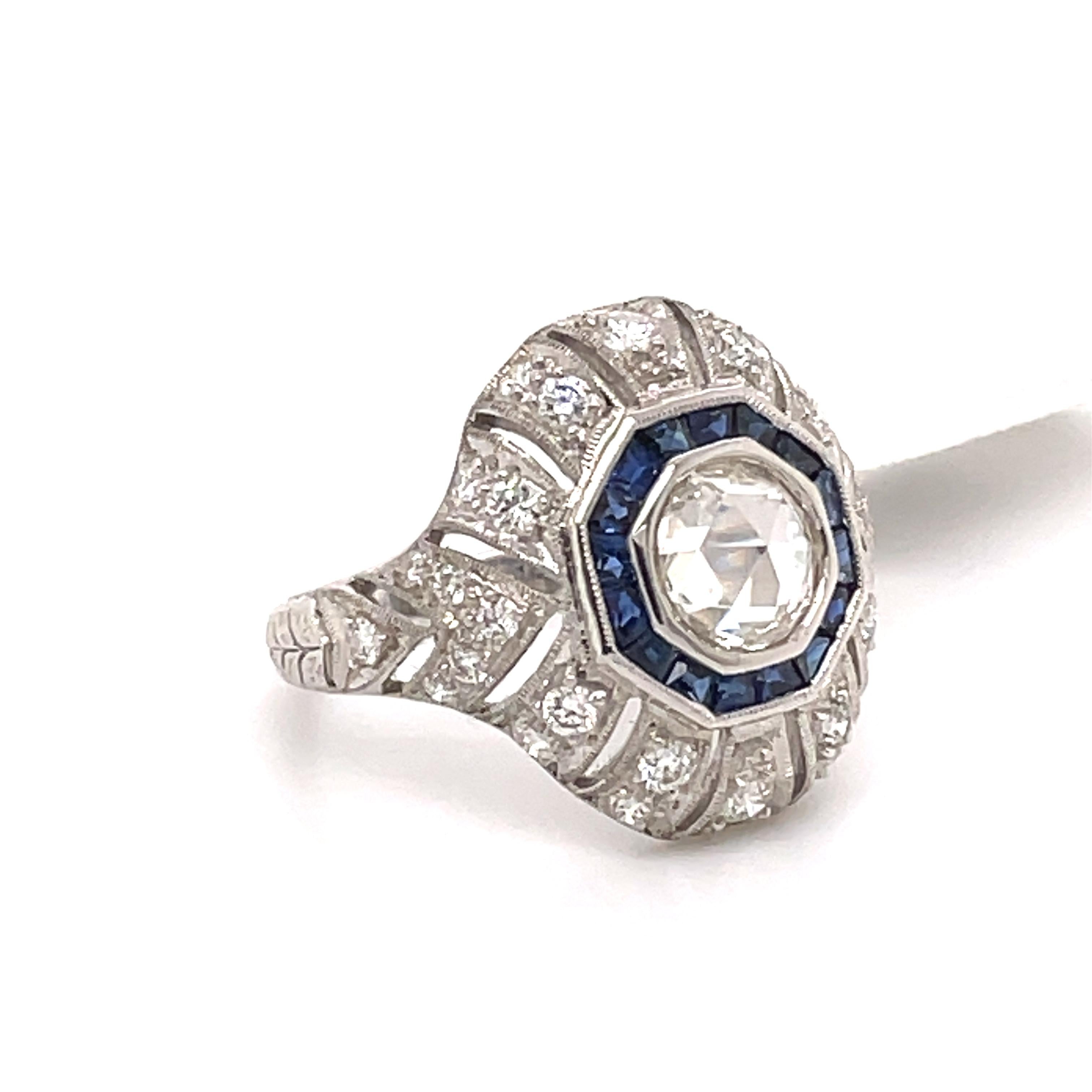 Art Deco Style 1ct Rose Cut Diamond with Sapphire Ring 18k White Gold In New Condition For Sale In BEVERLY HILLS, CA