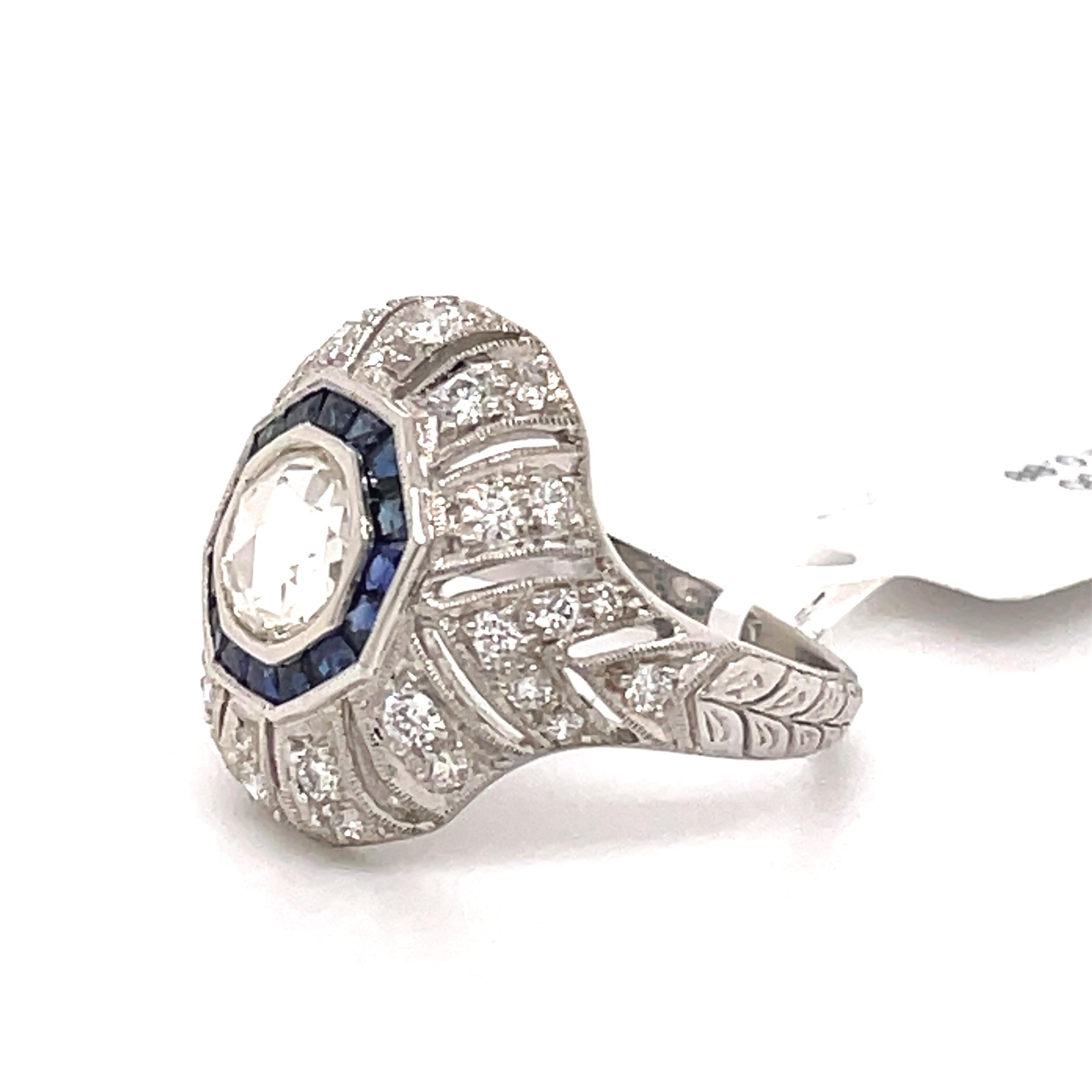 Women's or Men's Art Deco Style 1ct Rose Cut Diamond with Sapphire Ring 18k White Gold For Sale