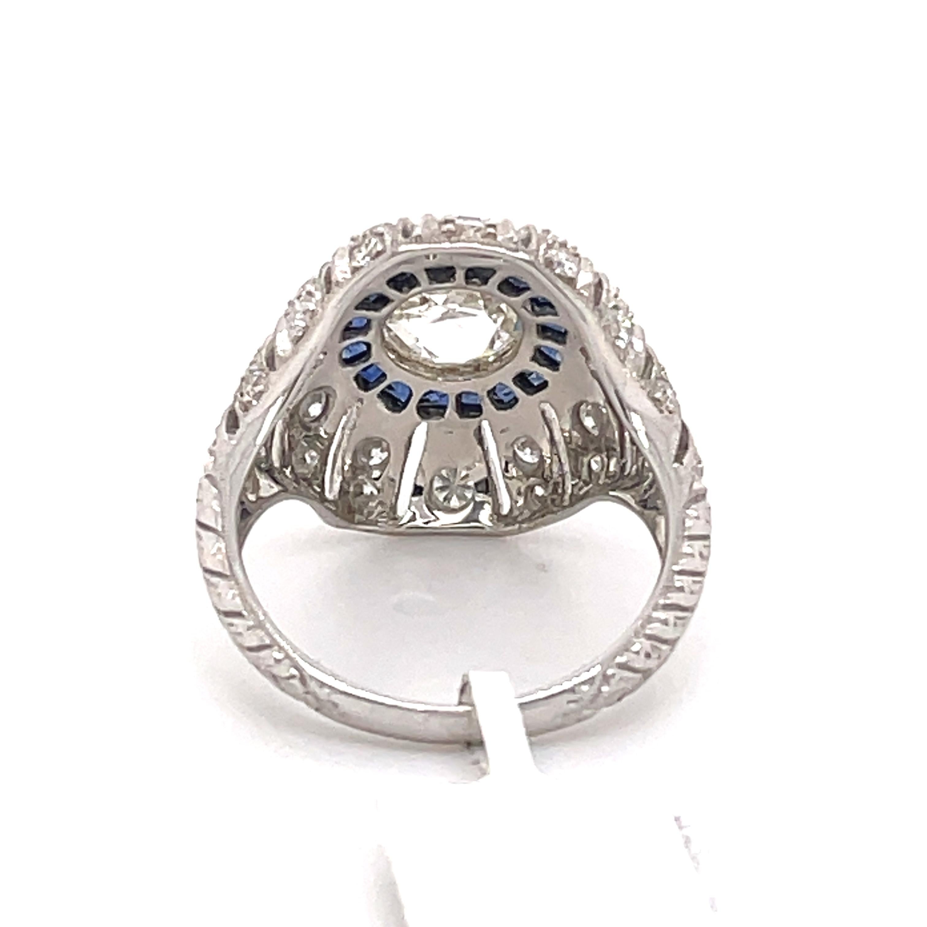 Art Deco Style 1ct Rose Cut Diamond with Sapphire Ring 18k White Gold For Sale 1