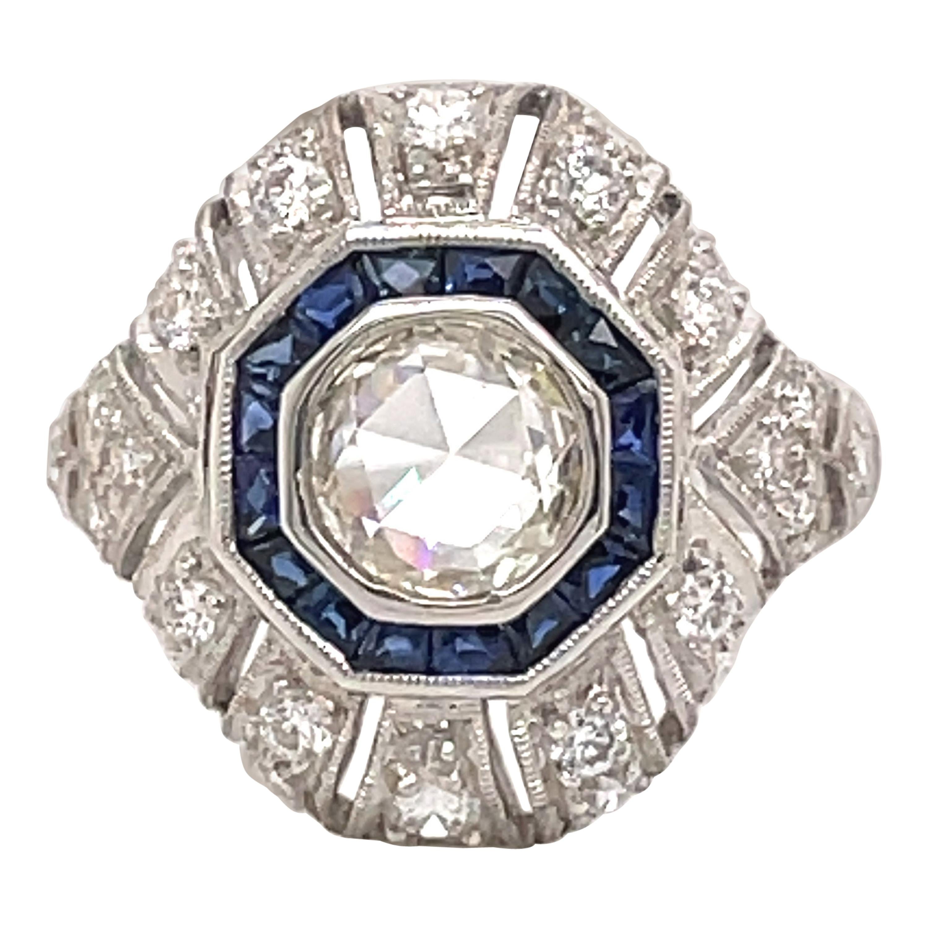 Art Deco Style 1ct Rose Cut Diamond with Sapphire Ring 18k White Gold
