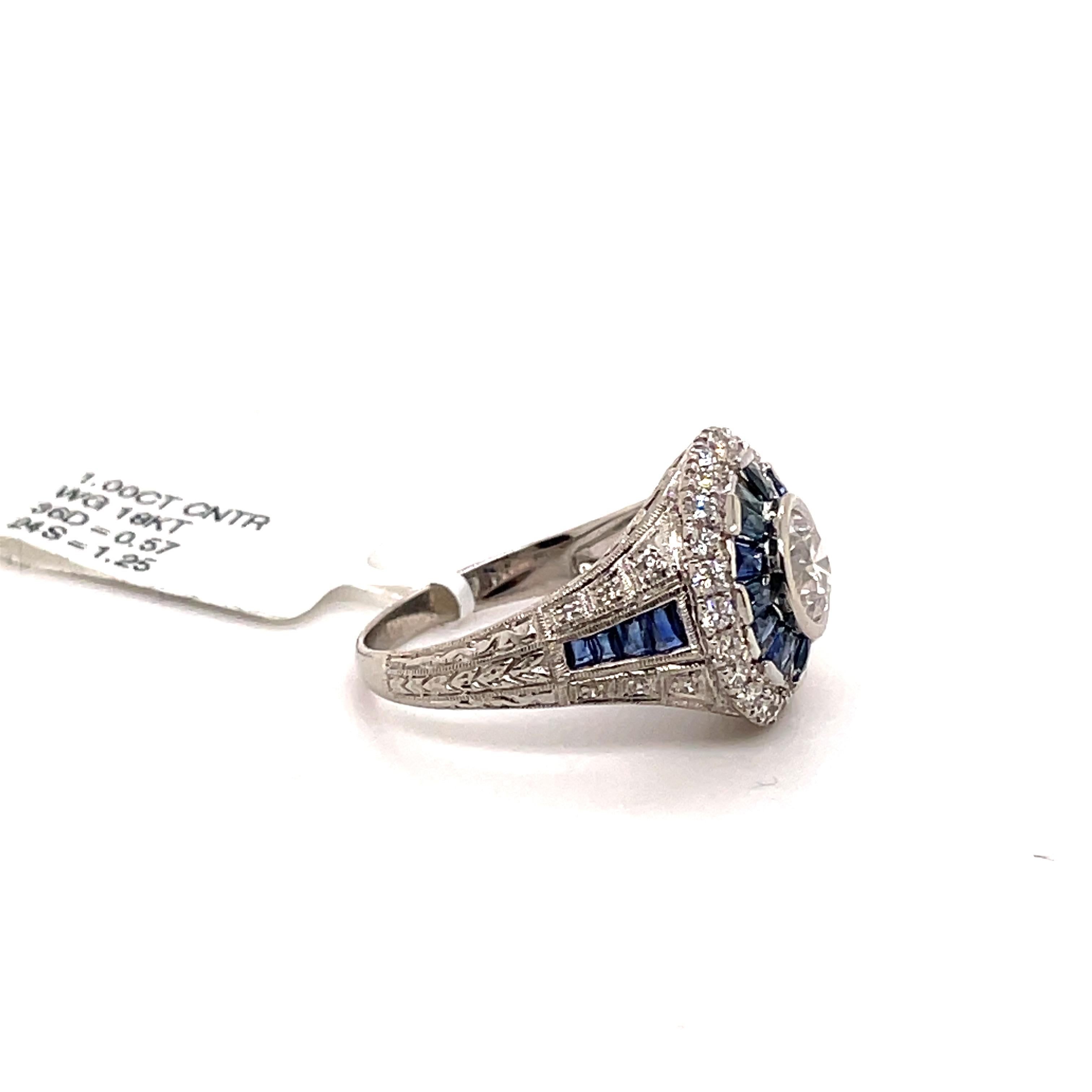 Art Deco Style 1ct Round Diamond with Sapphire & Diamonds Ring 18k White Gold In New Condition In BEVERLY HILLS, CA