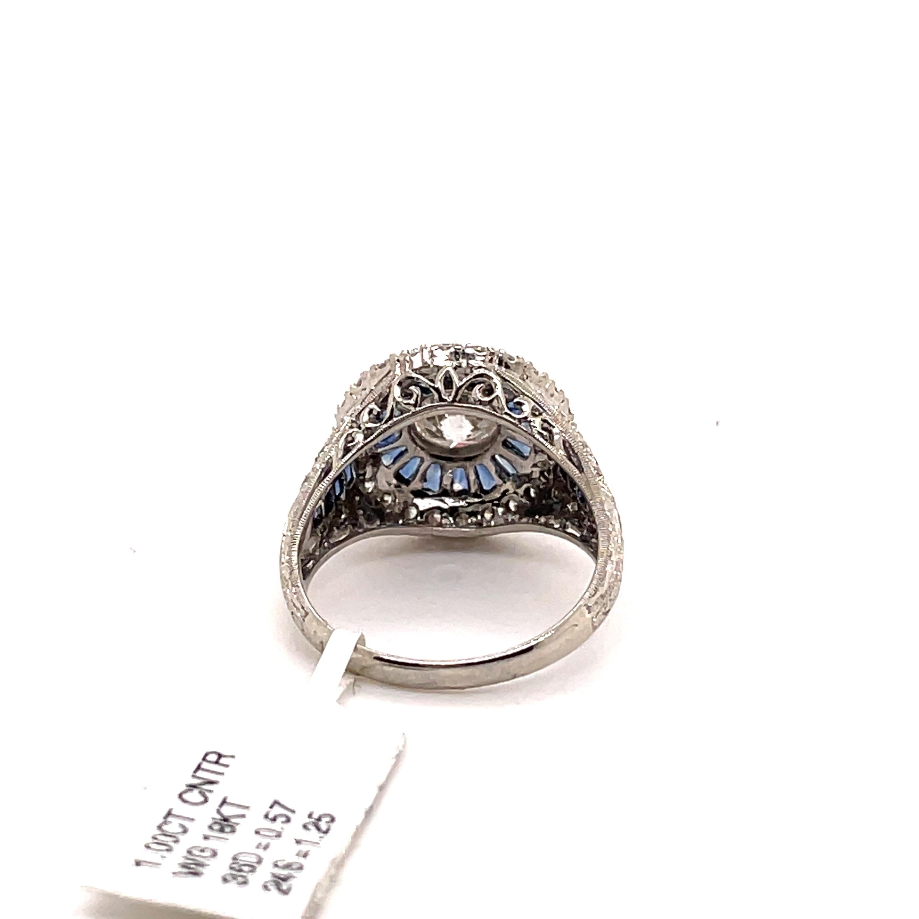 Women's Art Deco Style 1ct Round Diamond with Sapphire & Diamonds Ring 18k White Gold