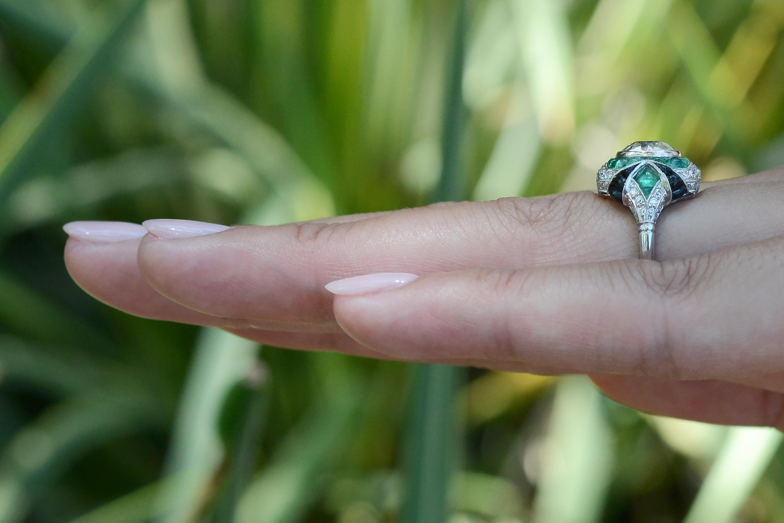 Art Deco 2 Carat Old European Cut Diamond Emerald Onyx Engagement Ring For Sale