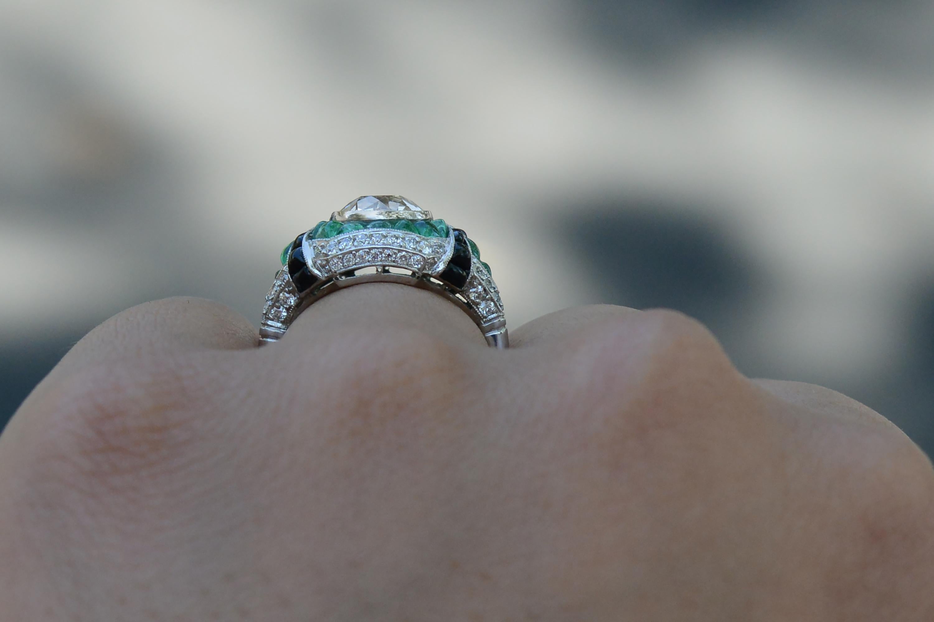 2 Karat Diamant im alteuropäischen Schliff Smaragd Onyx Verlobungsring (Alteuropäischer Schliff) im Angebot