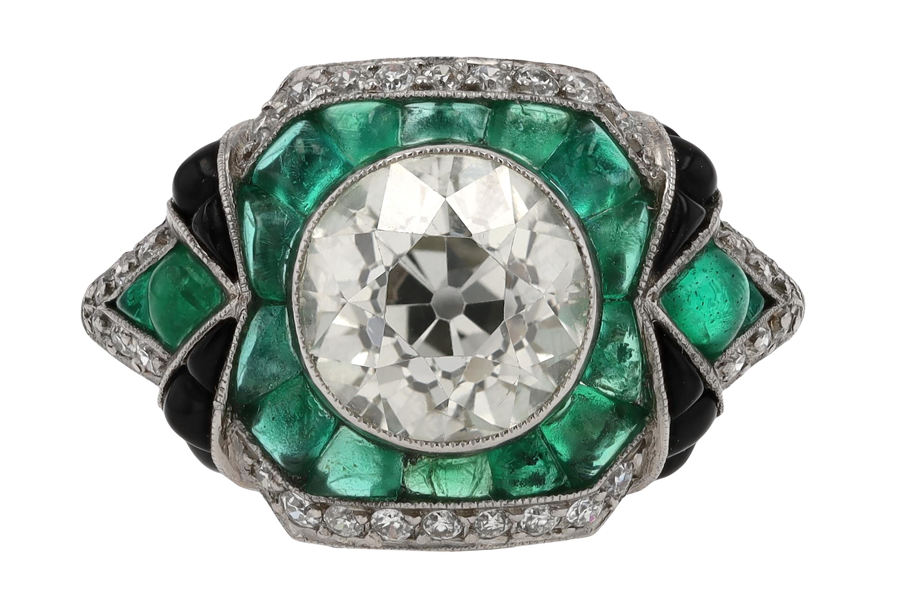 Women's 2 Carat Old European Cut Diamond Emerald Onyx Engagement Ring For Sale