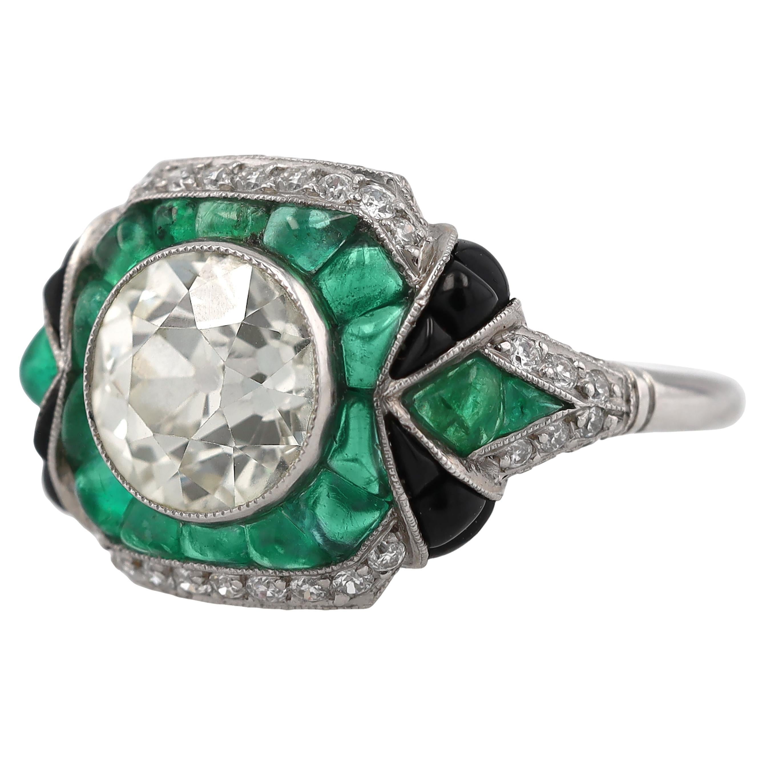 2 Karat Diamant im alteuropäischen Schliff Smaragd Onyx Verlobungsring im Angebot