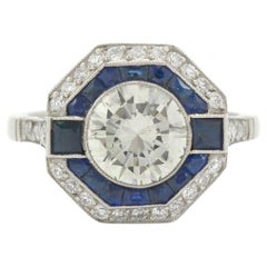 Art Deco Style 2 Carat Solitaire Diamond Engagement Ring Octagon Sapphire Halo