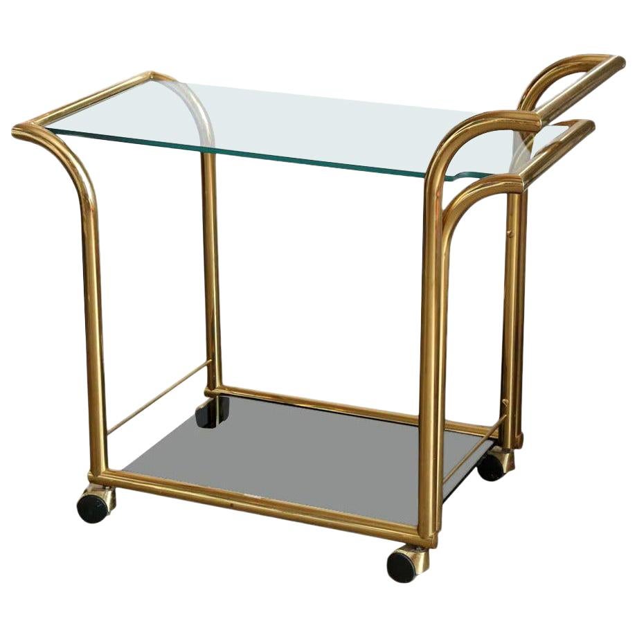 Art Deco Style 2-Tier Clear and Smoked Glass with Brass Frame Bar / Service Cart