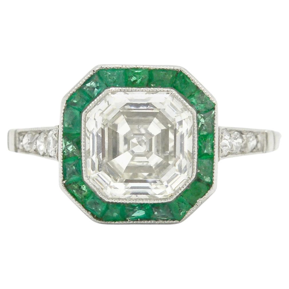 Art Deco Style 2.00 Carat Diamond & Emerald Halo Engagement Ring