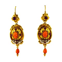 Art Deco Style 2.00 Carat Ruby Handcrafted Red Coral Yellow Gold Drop Earrings