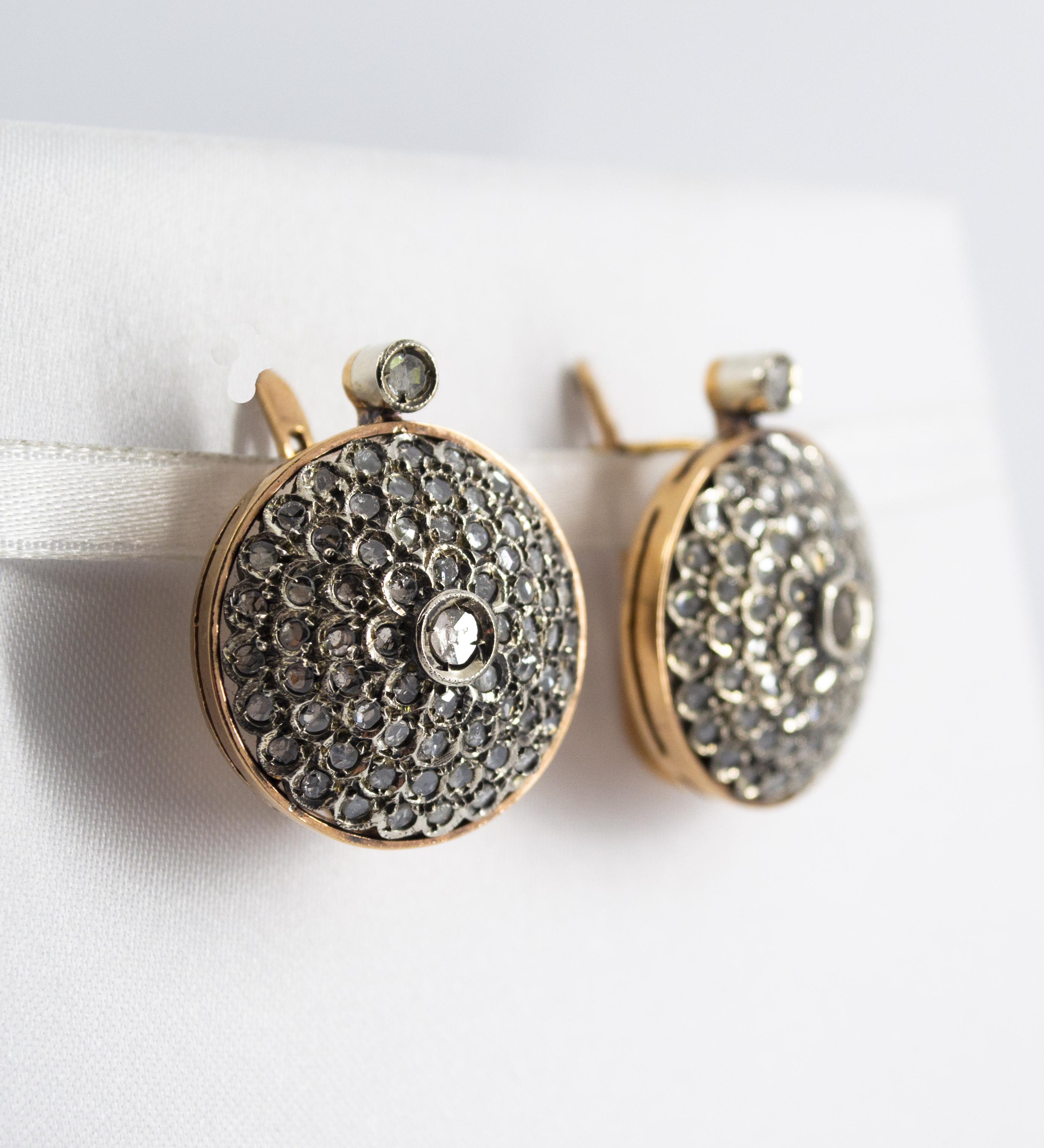 These Earrings are made of 9K Yellow Gold and Sterling Silver.
These Earrings have 2.00 Carats of White Rose Cut Diamonds.

All our Earrings have pins for pierced ears but we can change the closure and make any of our Earrings suitable even for