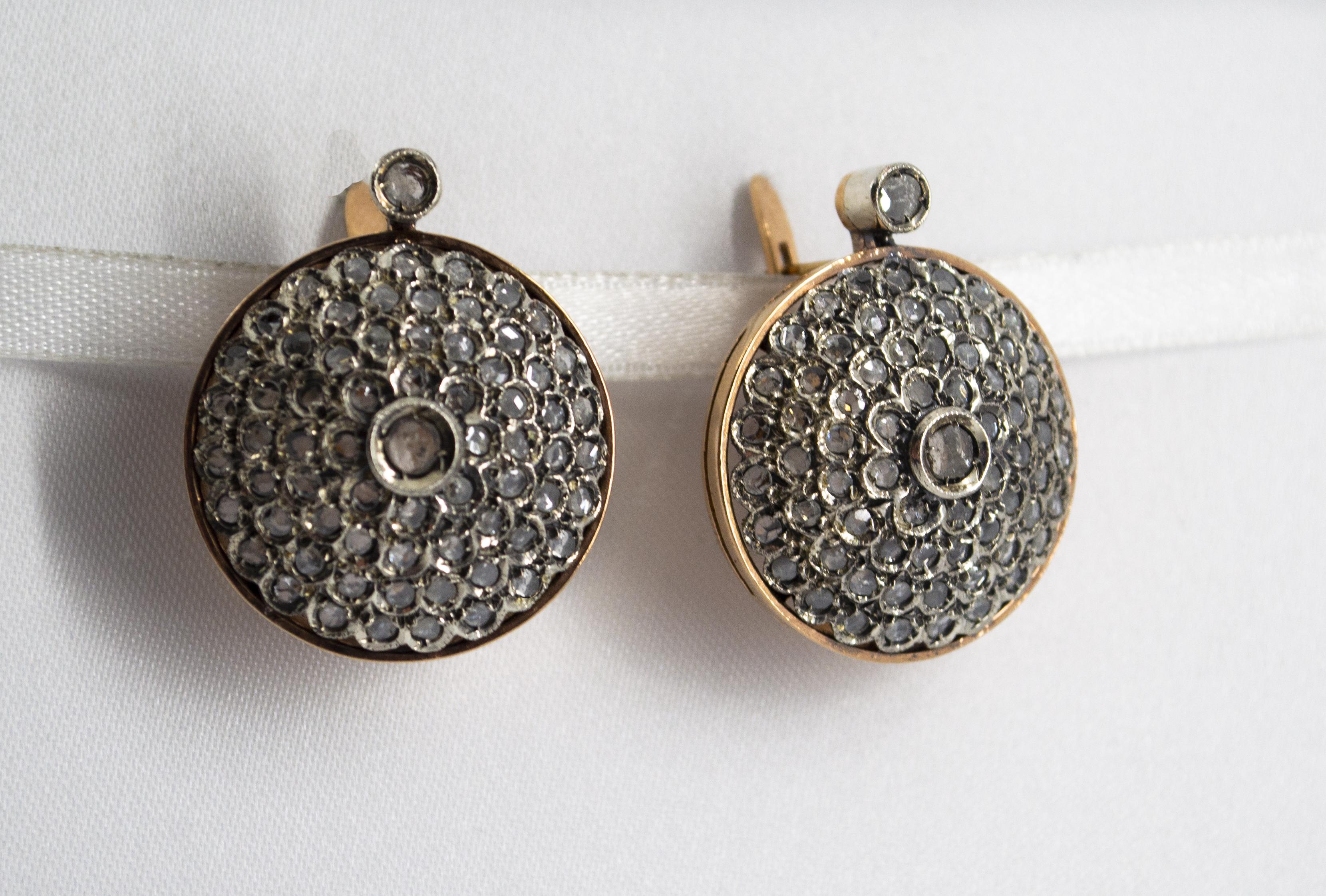 Pendientes de palanca de oro amarillo con diamantes blancos talla rosa de 2,00 quilates estilo art déco Corte rosa en venta