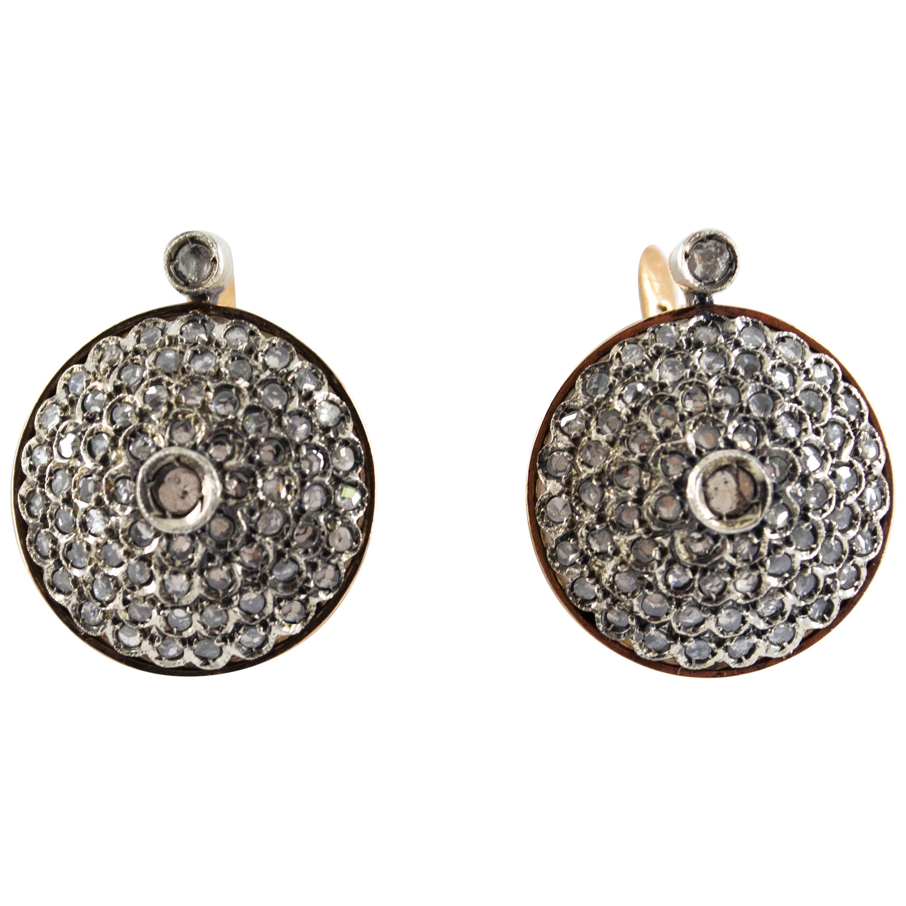 Pendientes de palanca de oro amarillo con diamantes blancos talla rosa de 2,00 quilates estilo art déco en venta