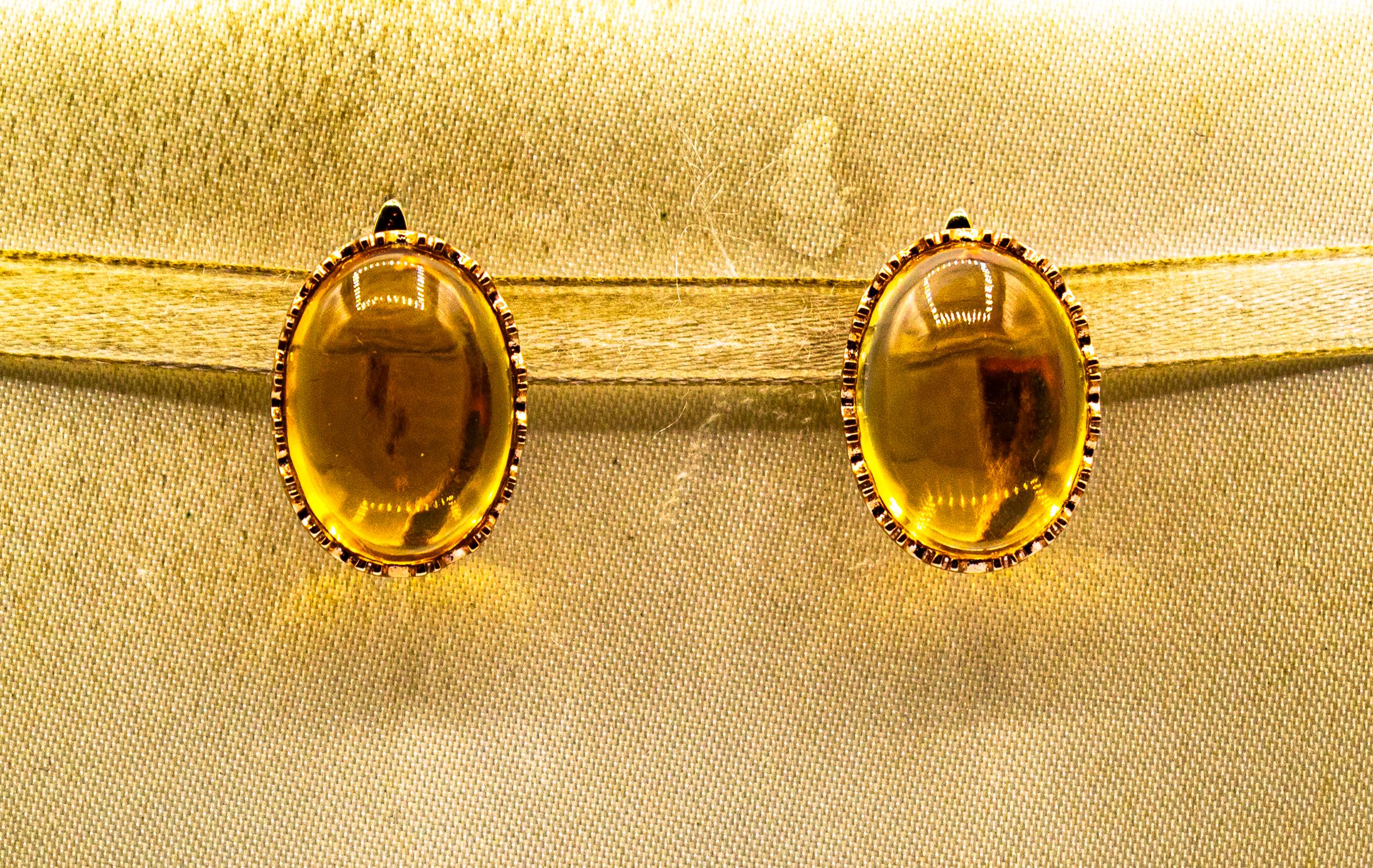 Art Deco Style 20.00 Carat Cabochon Cut Citrine Yellow Gold Dangle Earrings In New Condition In Naples, IT