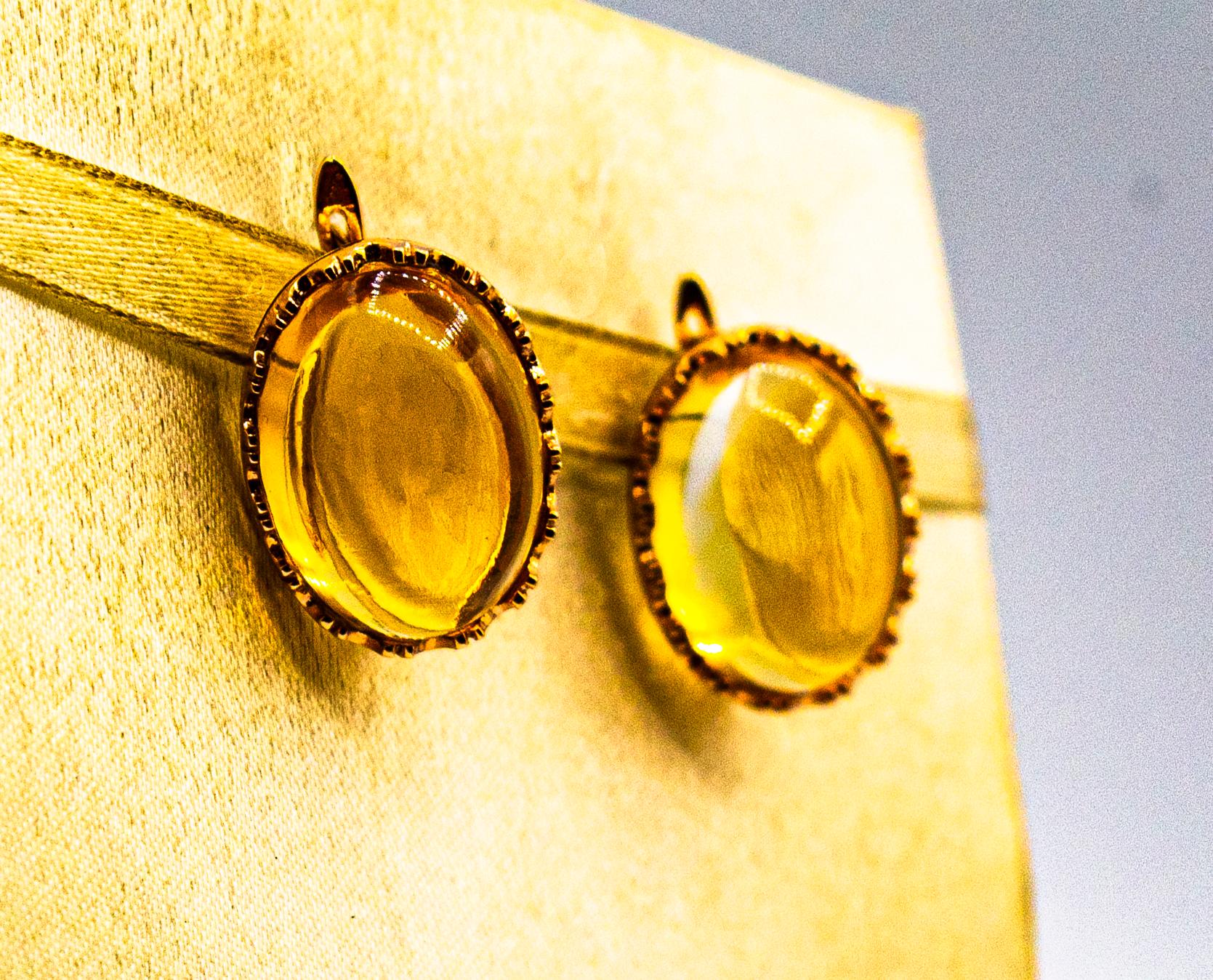 Women's or Men's Art Deco Style 20.00 Carat Cabochon Cut Citrine Yellow Gold Dangle Earrings