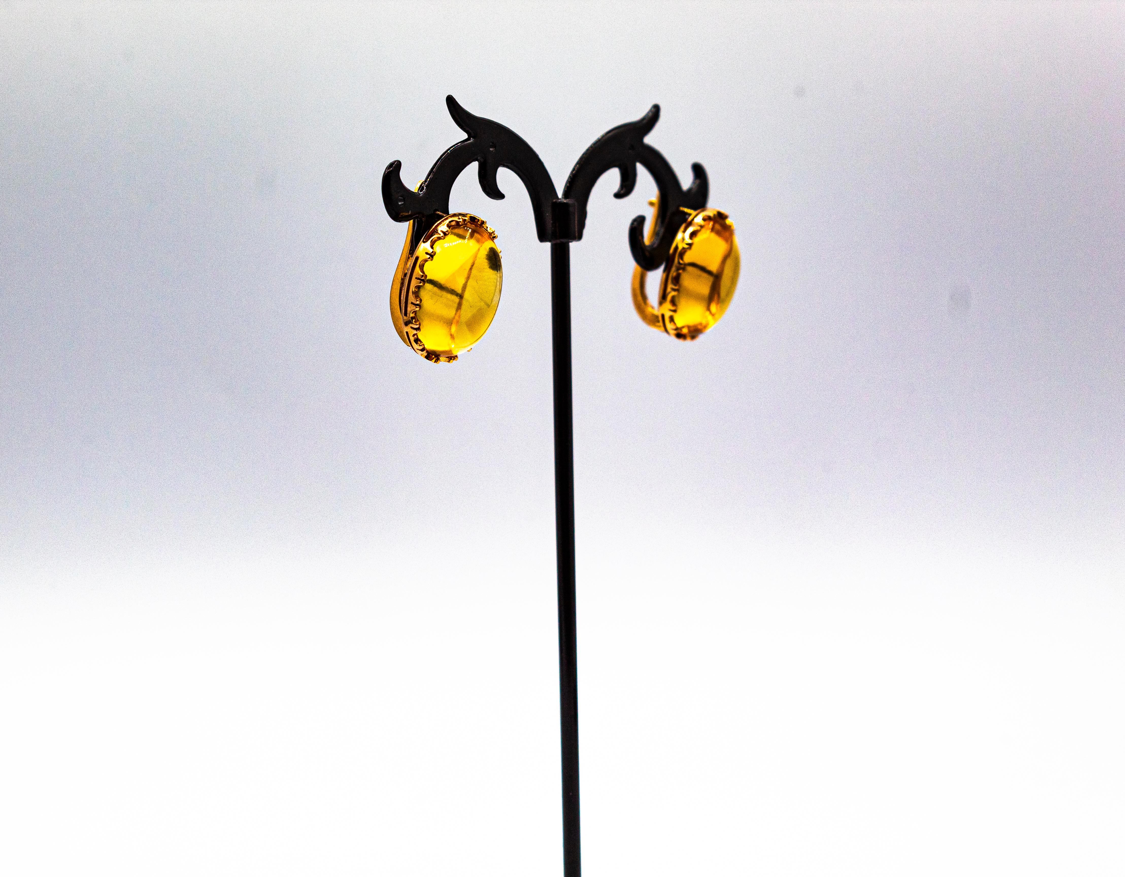 Art Deco Style 20.00 Carat Cabochon Cut Citrine Yellow Gold Dangle Earrings For Sale 3