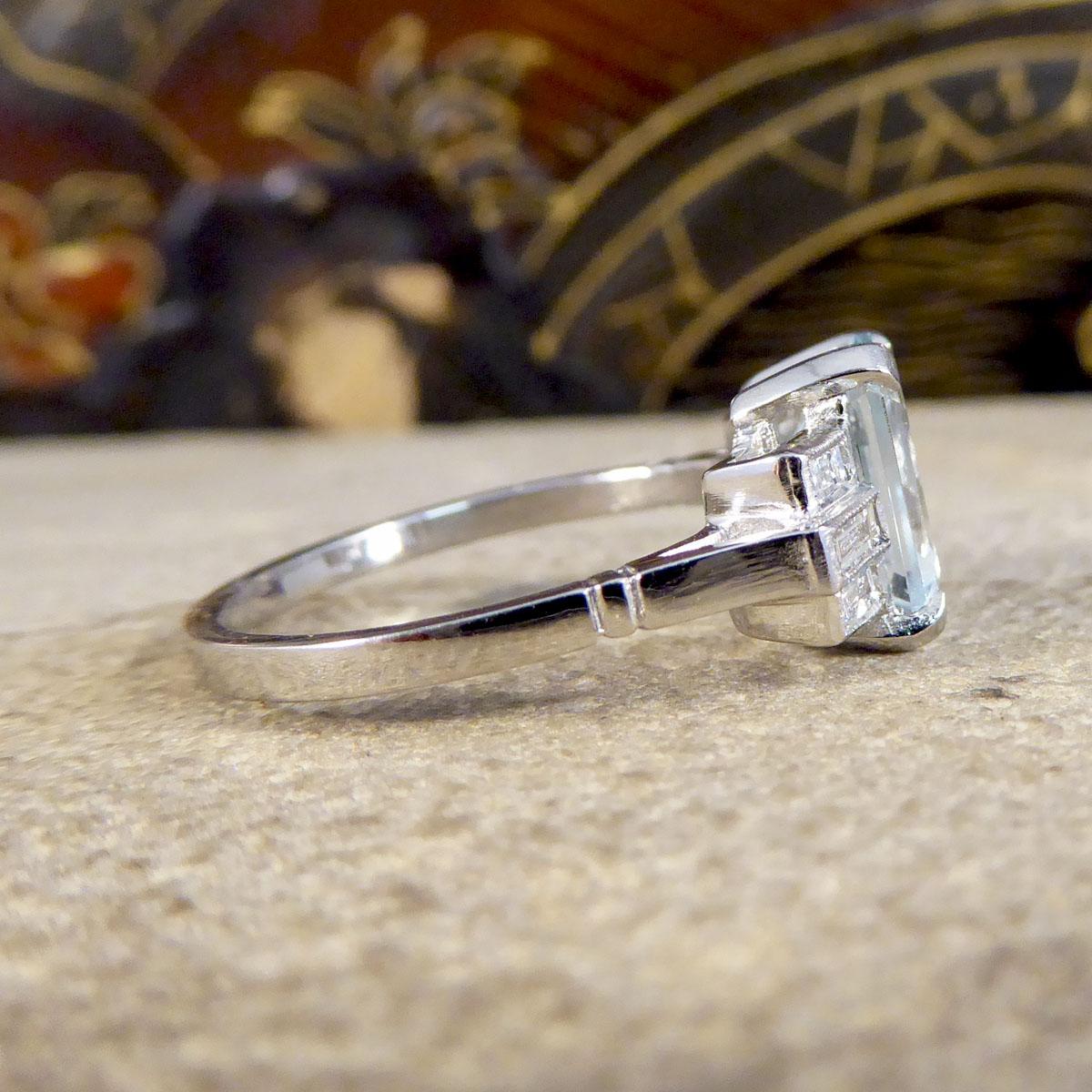 Emerald Cut Art Deco Style 2.00ct Aquamarine and Diamond Geometric Ring in Platinum