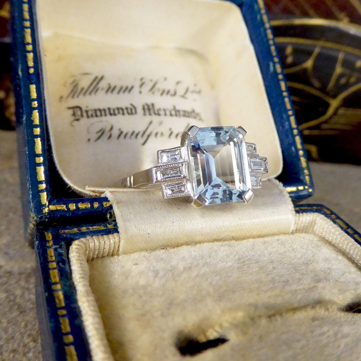 Art Deco Style 2.00ct Aquamarine and Diamond Geometric Ring in Platinum 2