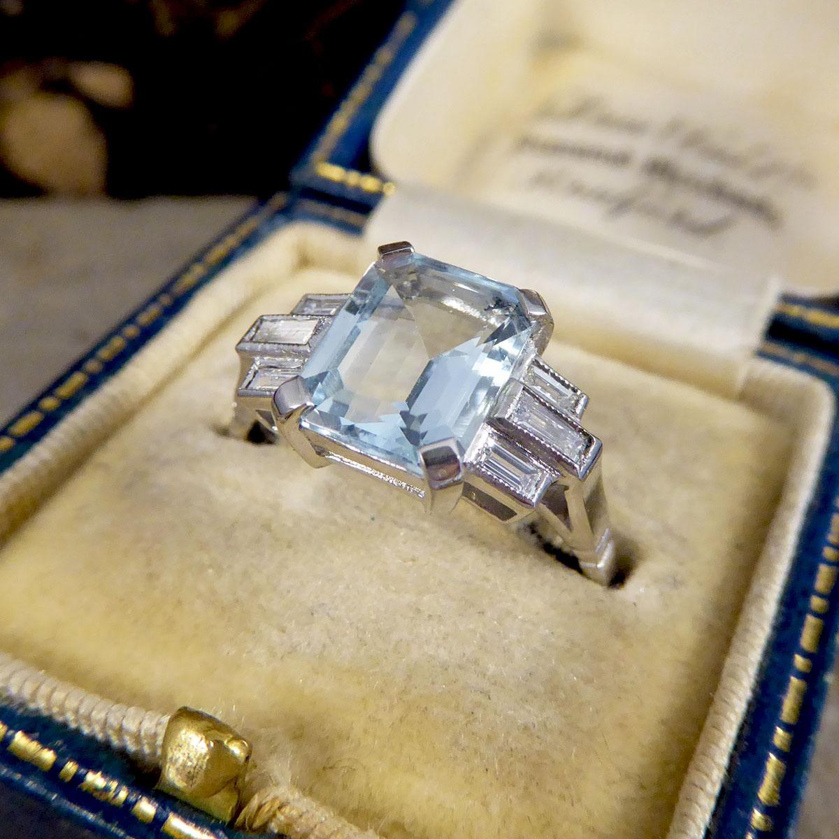 Art Deco Style 2.00ct Aquamarine and Diamond Geometric Ring in Platinum 3