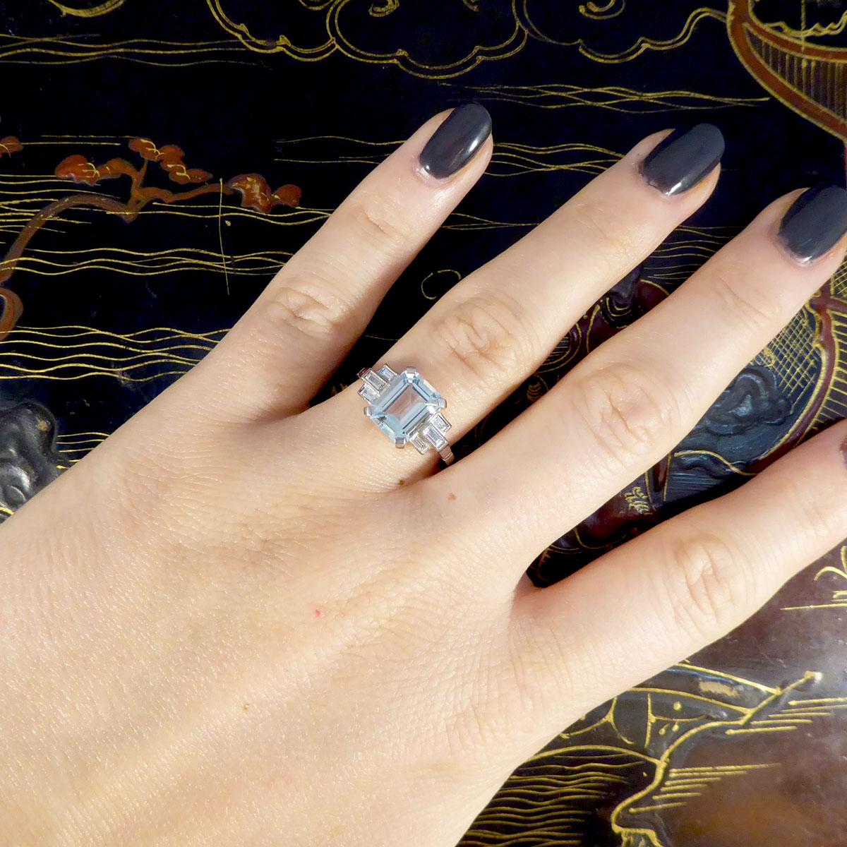 Art Deco Style 2.00ct Aquamarine and Diamond Geometric Ring in Platinum 4