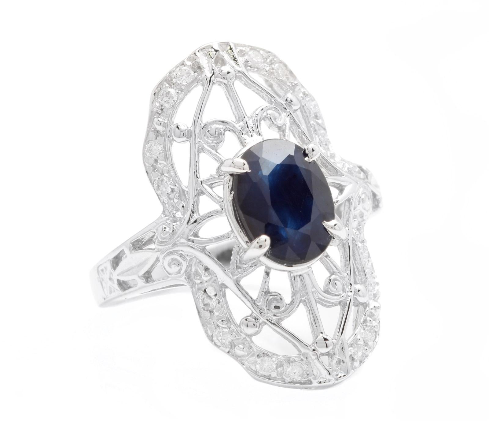 Bague en or blanc massif 14K avec saphir naturel et diamant de 2,00 carats de style Art déco

Valeur de remplacement suggérée : Environ 4 000 $

Estampillé : 14K

Poids total du saphir naturel de taille ovale : Environ 1,75 carats 

Mesures du
