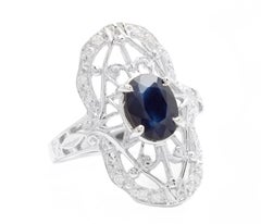 Art Deco Style 2.00ct Natural Sapphire and Diamond 14k Solid White Gold Ring