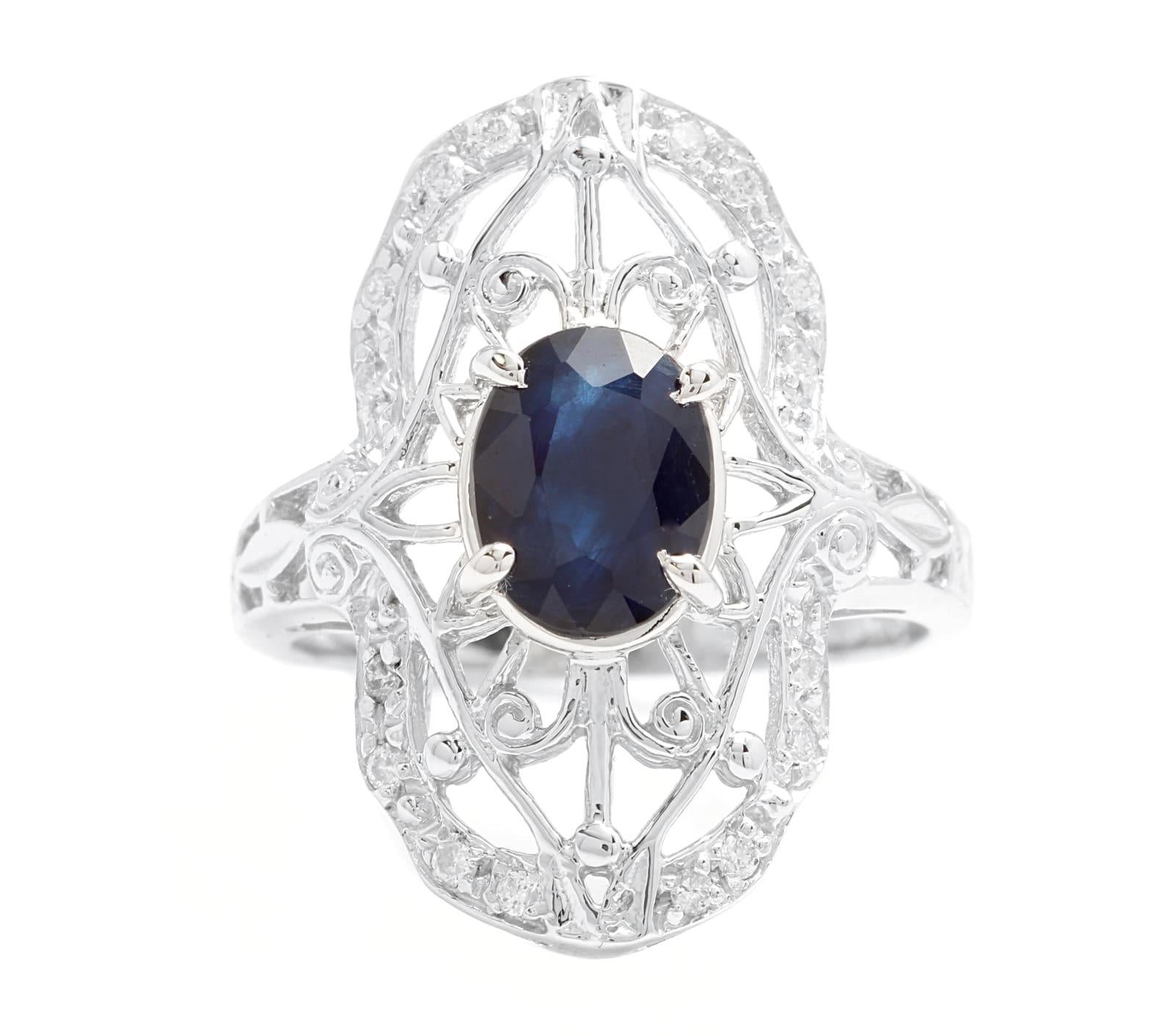 Bague en or blanc massif 14 carats de style Art déco avec saphir naturel de 2,00 carats et diamants Neuf - En vente à Los Angeles, CA