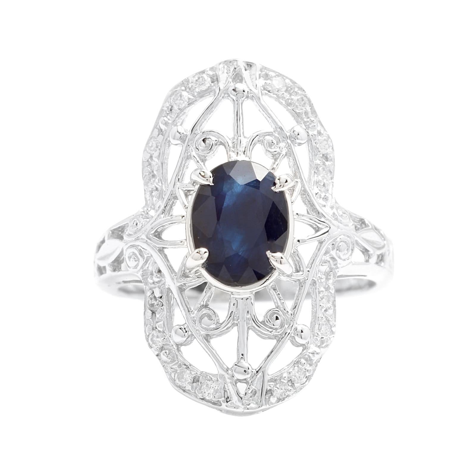 Art Deco Style 2.00ct Natural Sapphire and Diamond 14k Solid White Gold Ring