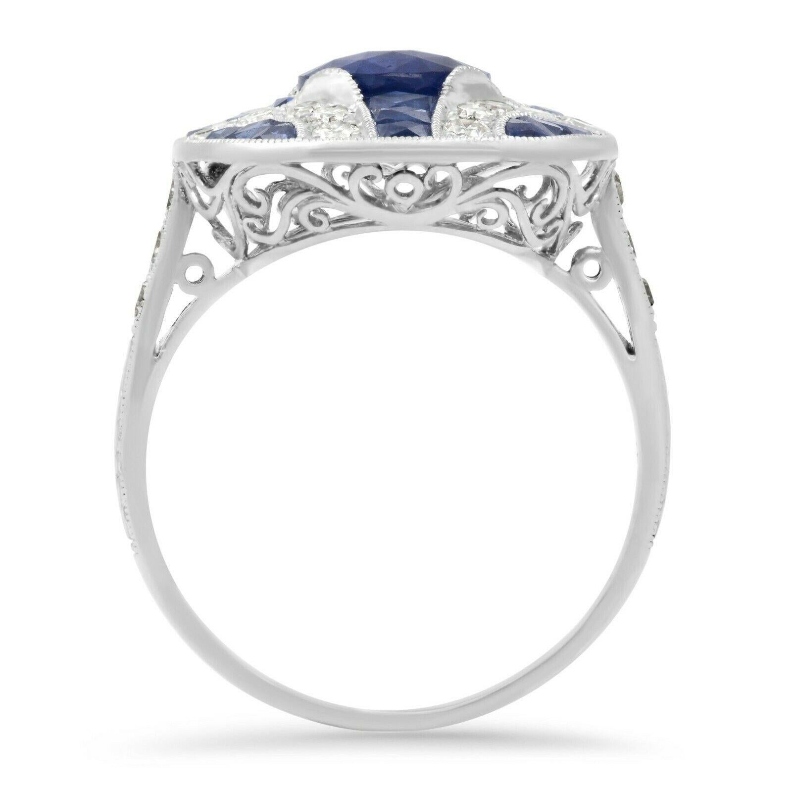 Oval Cut Art Deco Style 2.01 CT Oval Sapphire Diamond 3.89 TCW Platinum Engagement Ring