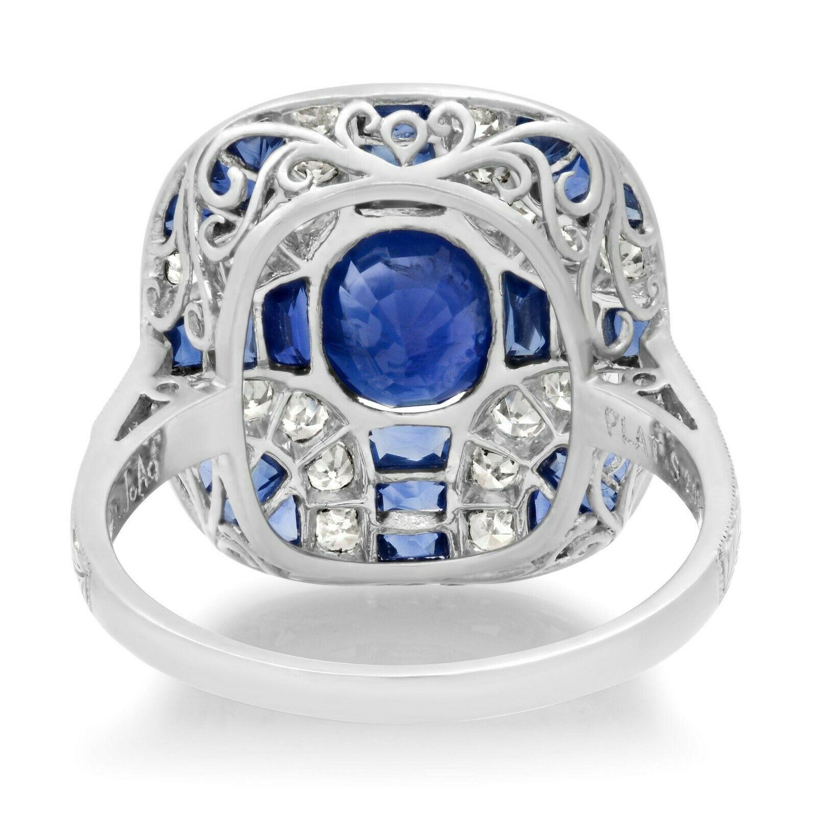 Art Deco Style 2.01 CT Oval Sapphire Diamond 3.89 TCW Platinum Engagement Ring In New Condition In Los Angeles, CA