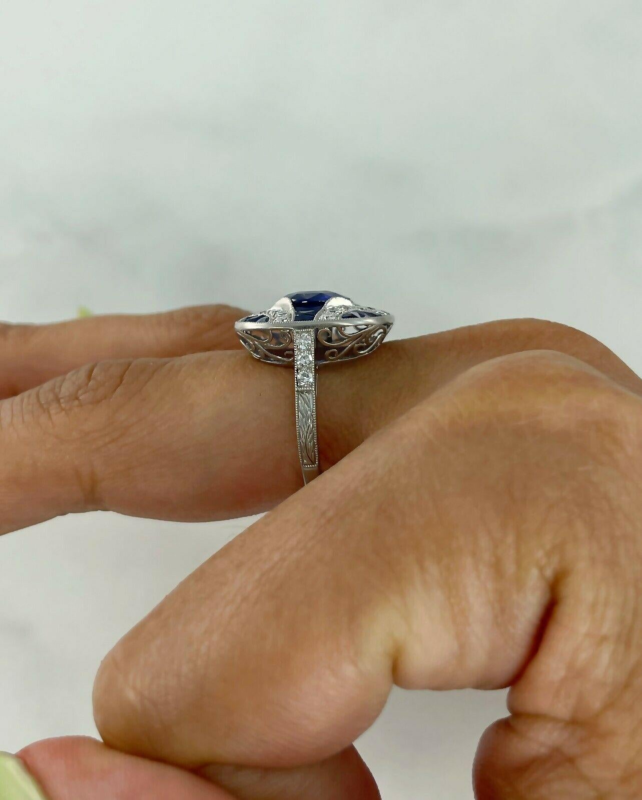 Art Deco Style 2.01 CT Oval Sapphire Diamond 3.89 TCW Platinum Engagement Ring 1