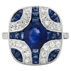 Art Deco Style 2.01 CT Oval Sapphire Diamond 3.89 TCW Platinum Engagement Ring