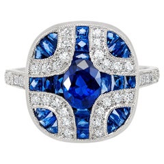 Art Deco Style 2.01 CT Oval Sapphire Diamond 3.89 TCW Platinum Engagement Ring