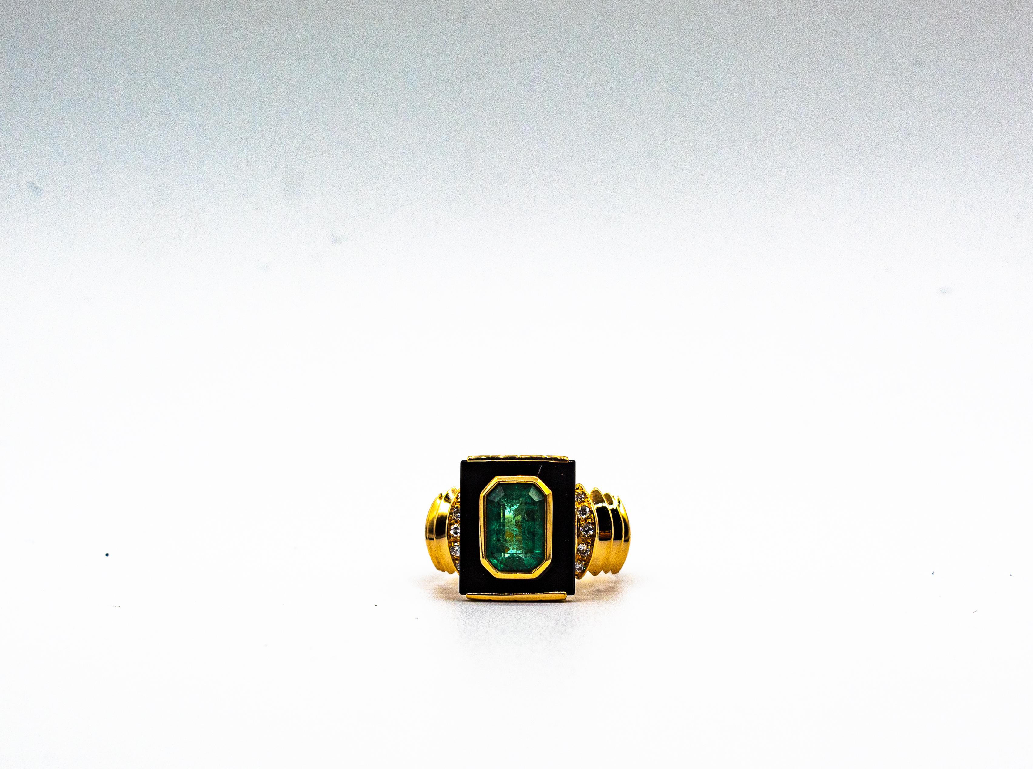 Bague cocktail en or jaune de style Art déco avec diamant blanc 2,03 carats, émeraude et onyx en vente 6