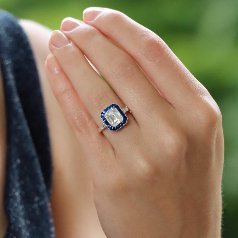 Art Deco Style 2.03ct Emerald Cut Diamond and Sapphire Target Ring in  Platinum For Sale at 1stDibs | art deco style emerald cut, emerald cut  diamond with sapphires, sapphire emerald cut engagement