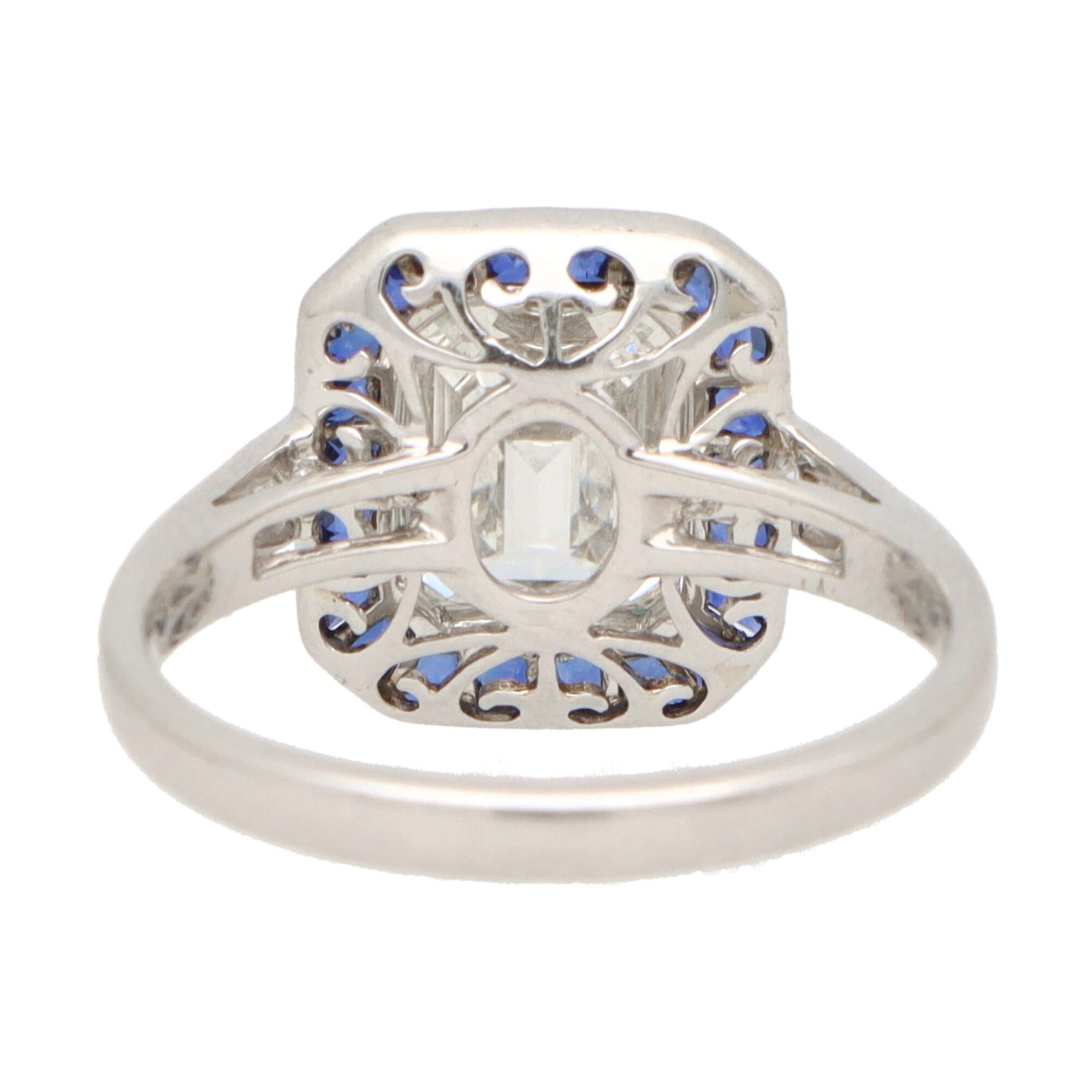 Art Deco Style 2.03ct Emerald Cut Diamond and Sapphire Target Ring in Platinum In Good Condition For Sale In London, GB