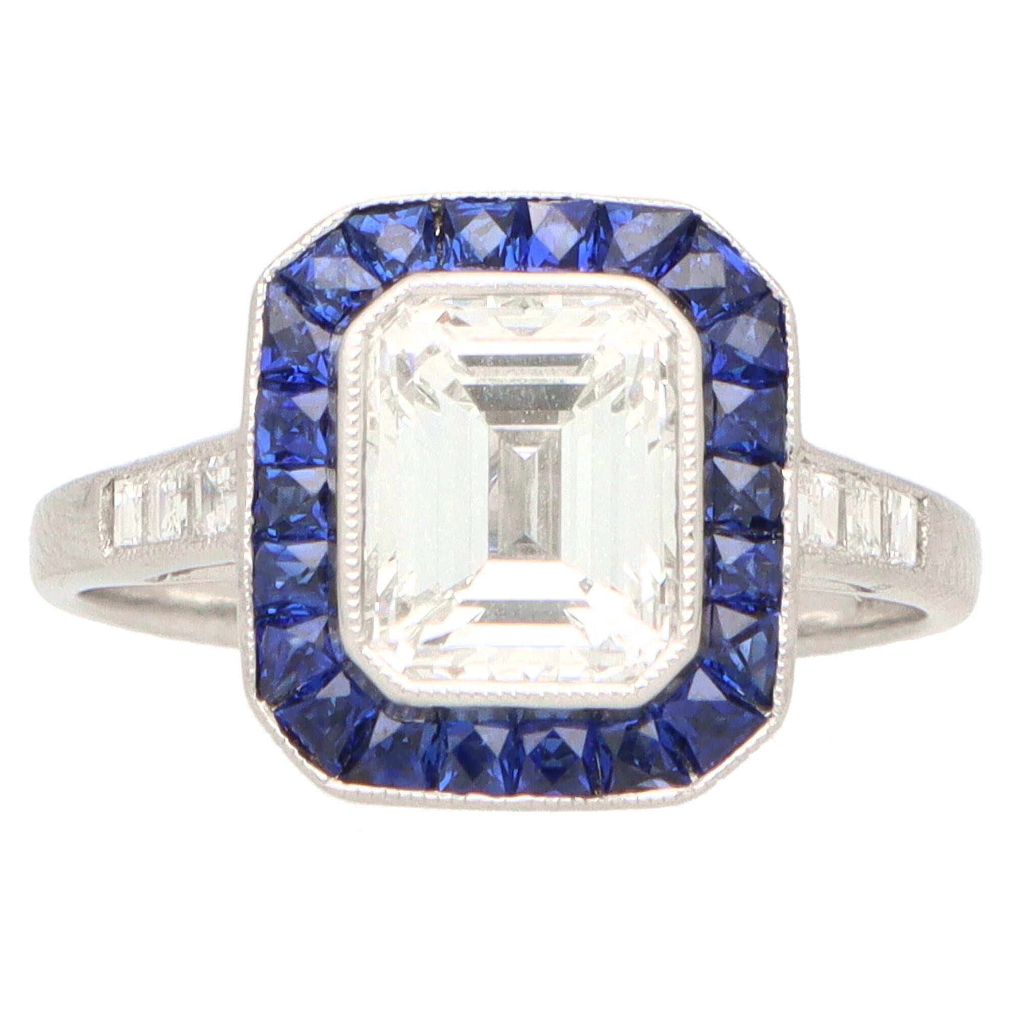 Art Deco Style 2.03ct Emerald Cut Diamond and Sapphire Target Ring in Platinum