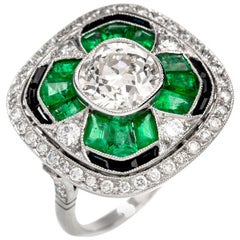 Art Deco Style 2.04 Carat High Color Cushion Diamond Emerald Platinum Ring