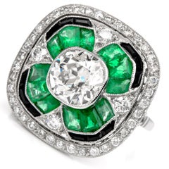 Art Deco Style 2.04 Carat High Color Cushion Diamond Emerald Platinum Ring