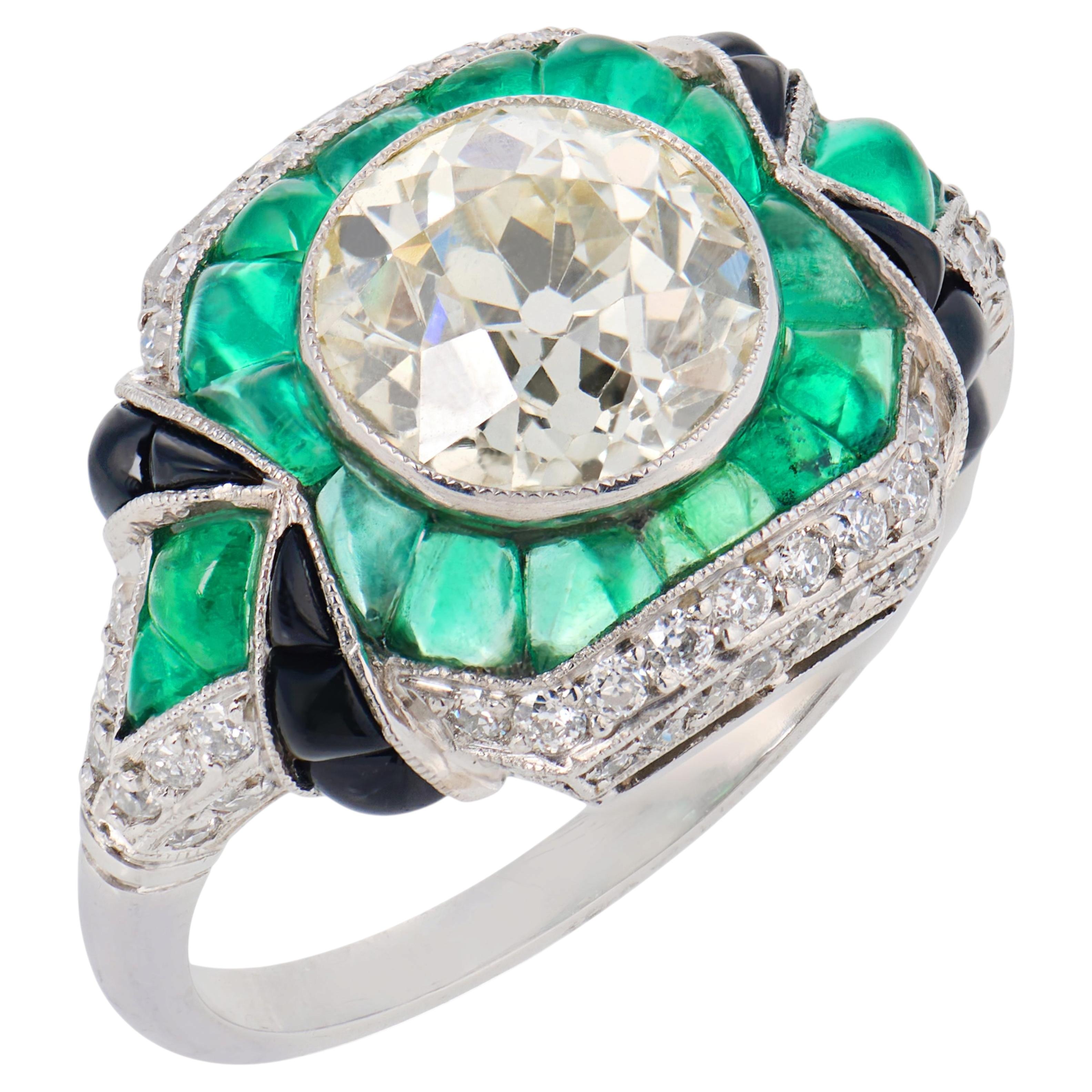 Verlobungsring im Art-Déco-Stil aus Platin mit einem Diamanten von 2,05 Karat, Smaragd und Onyx