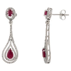 Boucles d
oreilles pendantes en or blanc 18 carats, style Art Déco, 2.06Ct Rubis et Diamants